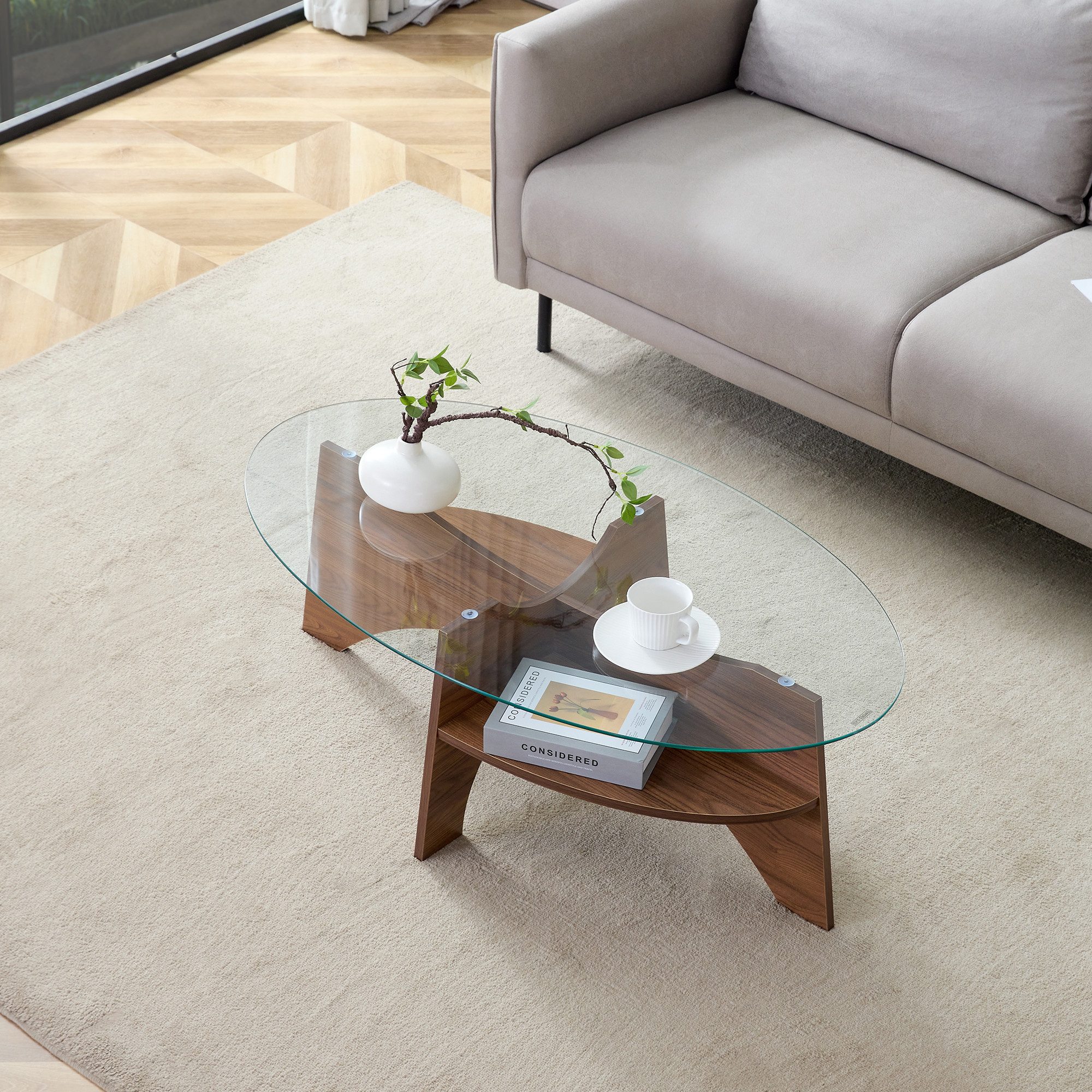 STILVORA Couchtisch Ovaler Kaffeetisch aus Sicherheitsglas mit integrierter Ablagefunktion (Kaffeetisch aus Sicherheitsglas, multifunktionales Design, Fächerförmiges Gestell.Tischbeine aus MDF mit schwarzer Holzoptik), für Esszimmer,Büro
