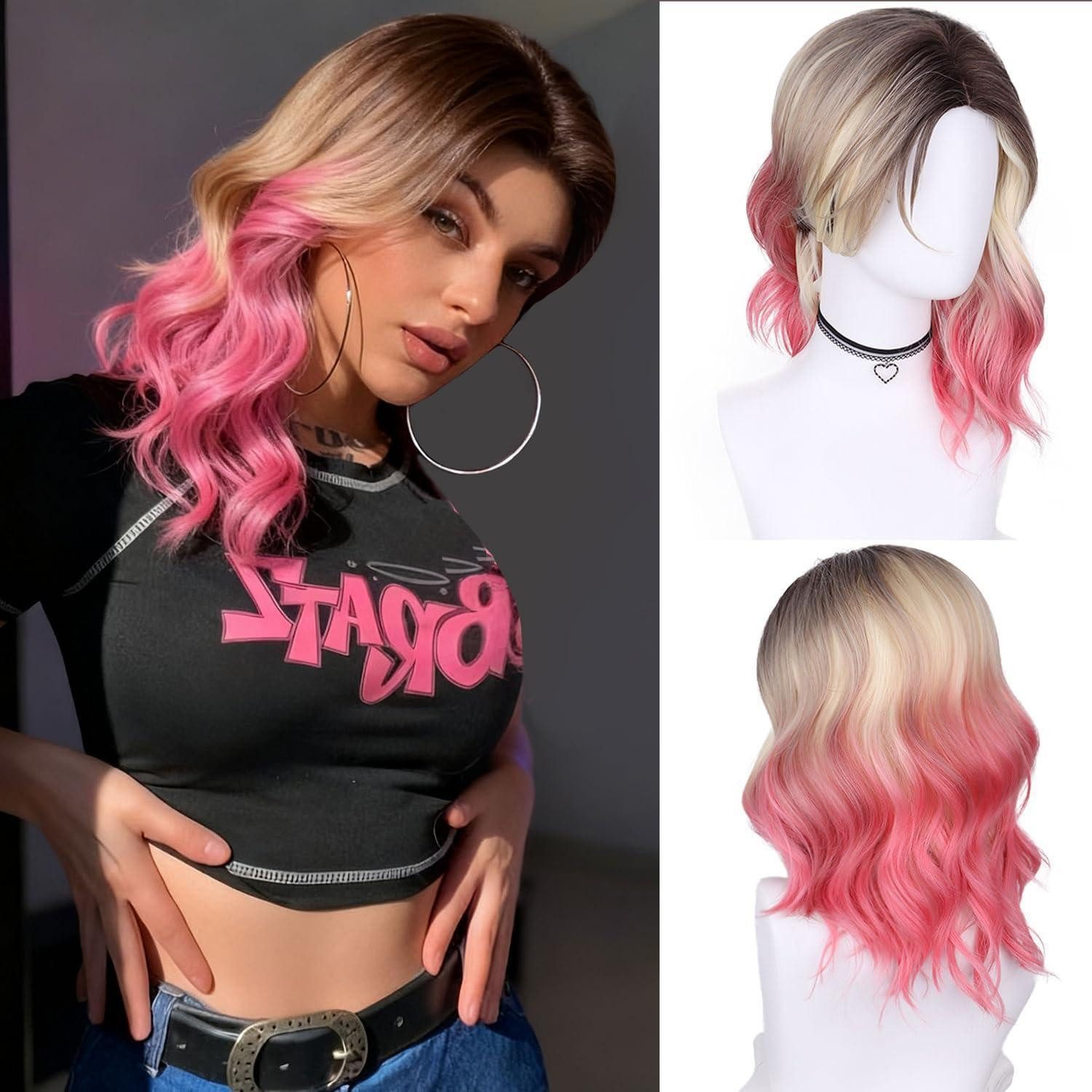 LuxusKollektion Kunsthaarperücke Perücke Lange Lockige Synthetische Ombre Pink Damen Ash Pink