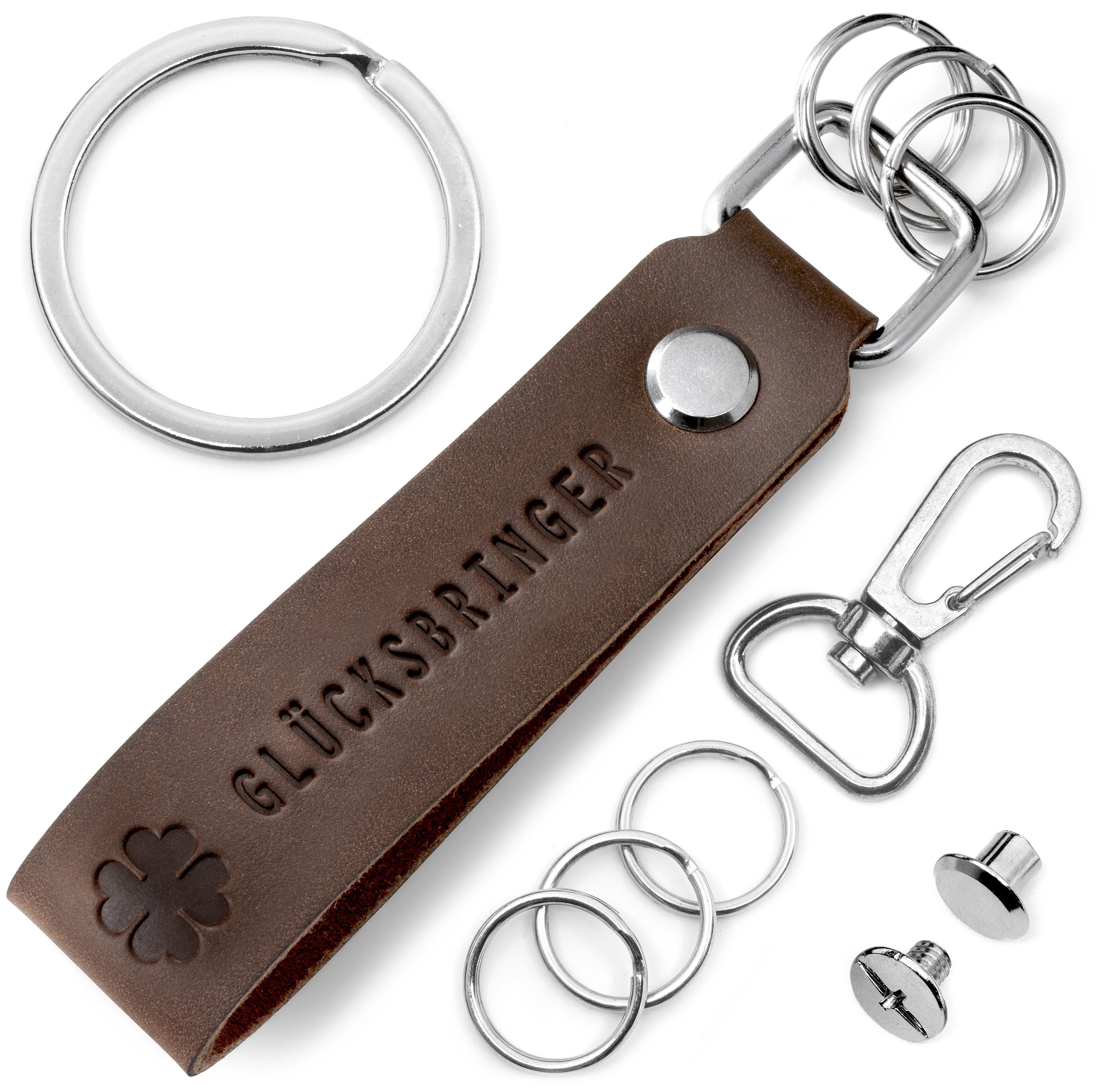 FABACH Schlüsselanhänger Leder Anhänger mit wechselbarem Schlüsselring - Gravur "Glücksbringer" Braun