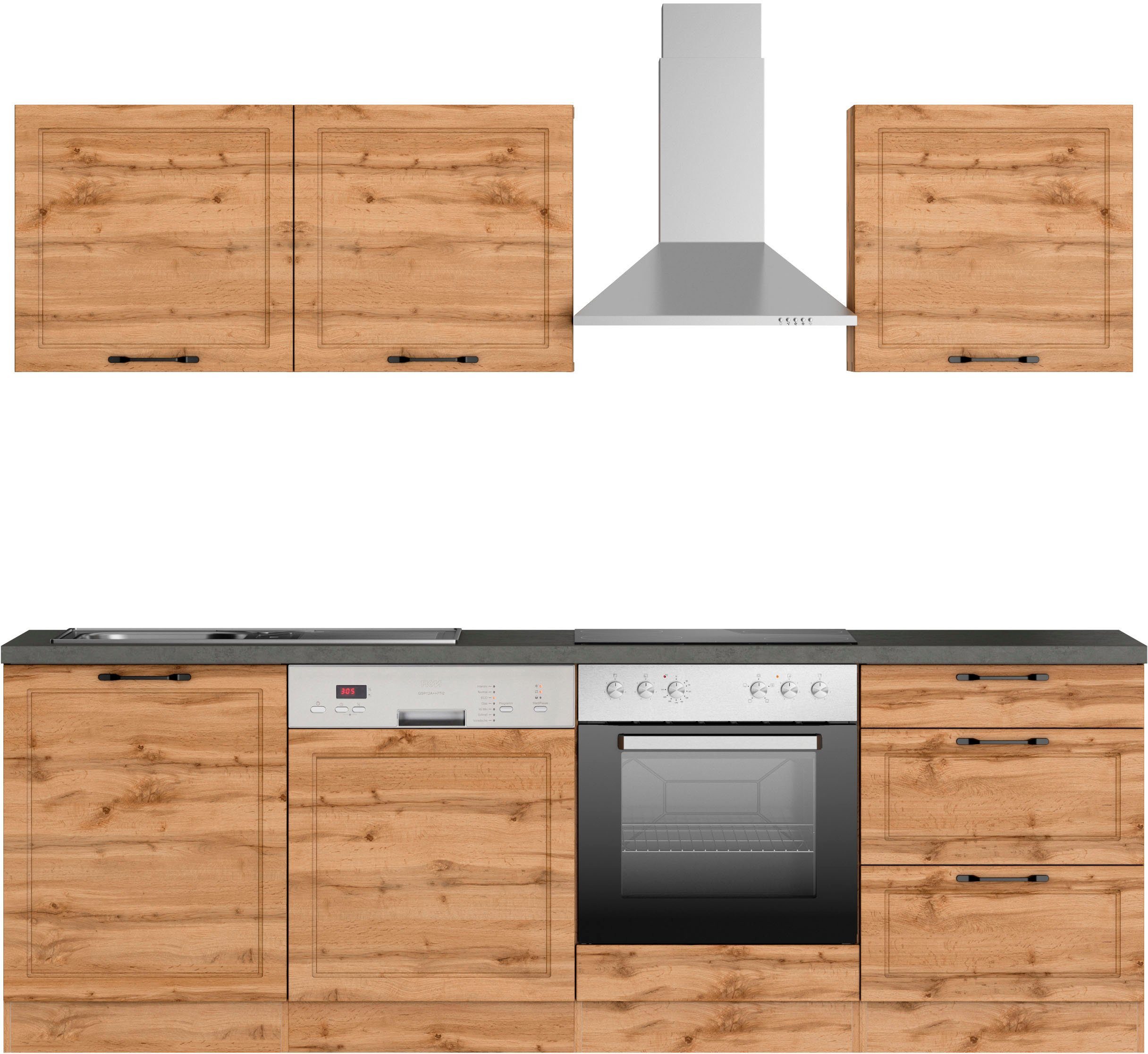 Kochstation Küchenzeile KS-Lani, mit MDF-Fronten, Breite 240 cm, wahlweise mit E-Geräten, Höhen-Ausgleichsfüße 0-4 cm