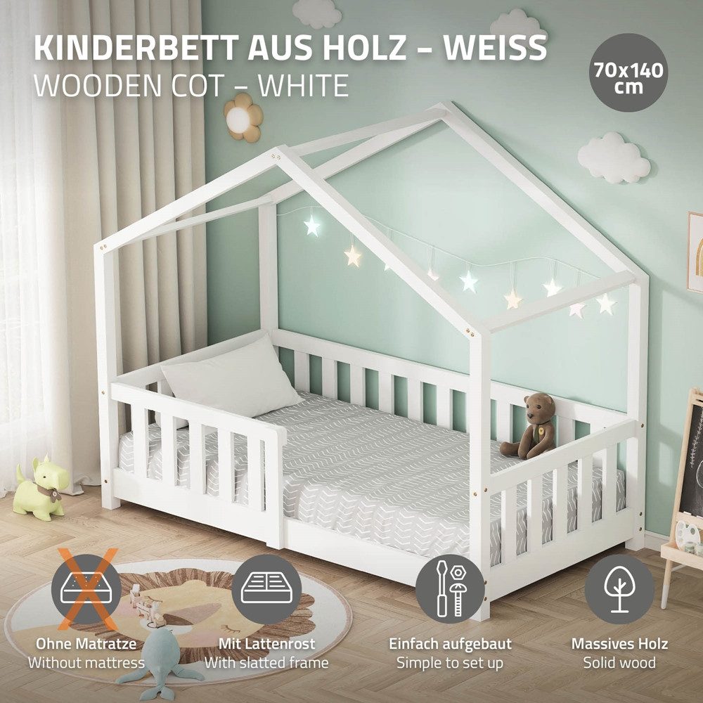 ML-DESIGN Spielbett Hausbett Kinderbett inkl. Lattenrost & Rausfallschutz Kinder Bodenbett, Abenteuerbett 70x140cm Haus Bett Himmelbett Kiefer Jugendbett Weiß – Bild 2 von 5