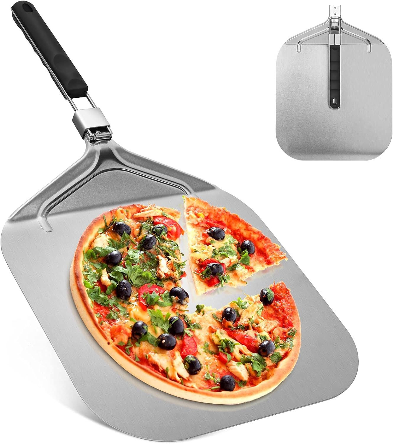 SinLaw Нож для пиццы Pizzaschieber Aluminium, Pizzaschaufel für den Grill Oder Ofe, mit Praktischen Einklapp-Griff