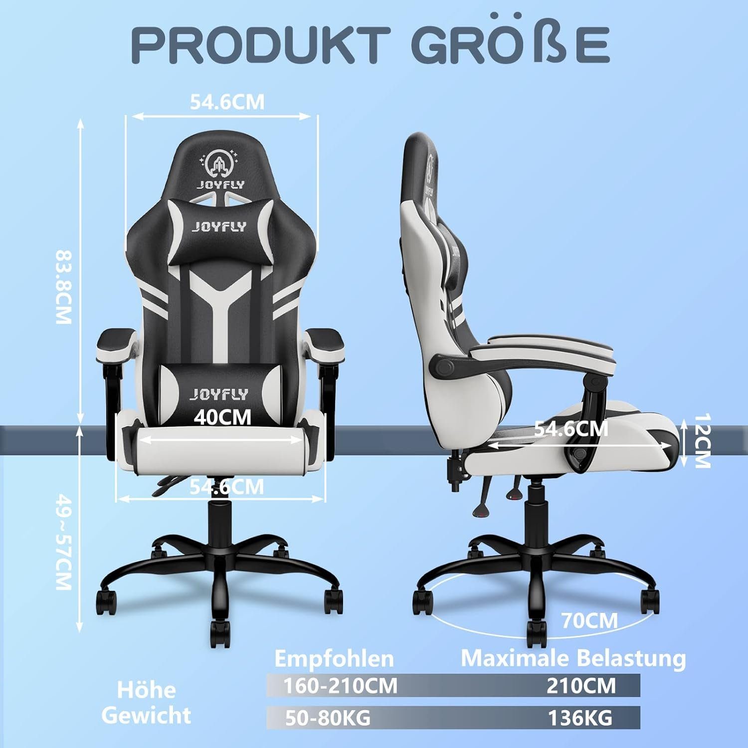 JOYFLY Gaming-Stuhl (Bürostuhl mit Stuhl Gaming Schreibtischstuhl Sitz), mit PC-Stuhl Gaming ergonomisch: Ergonomischer Lordosenstütze Sessel verstellbarem