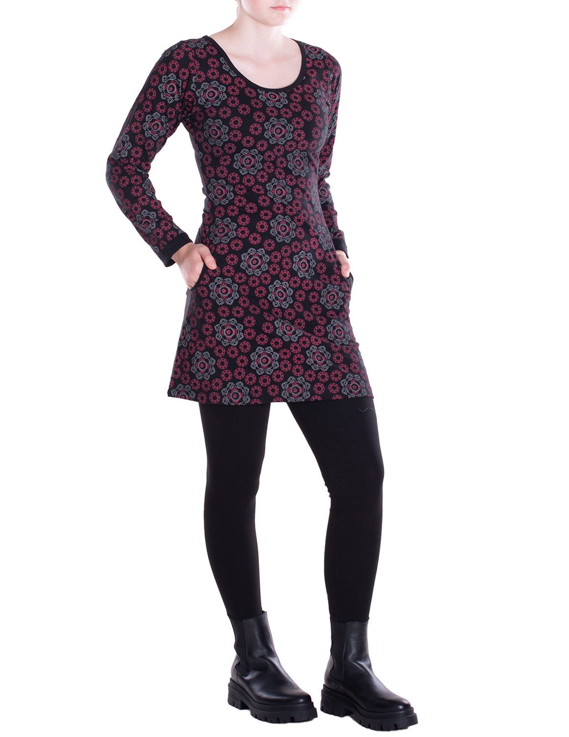 Vishes Tunikakleid Leichtes Langarmshirt-Kleid Damen Langarm Kleider retro 70er 80er Elfen, Hippie, Goa Style