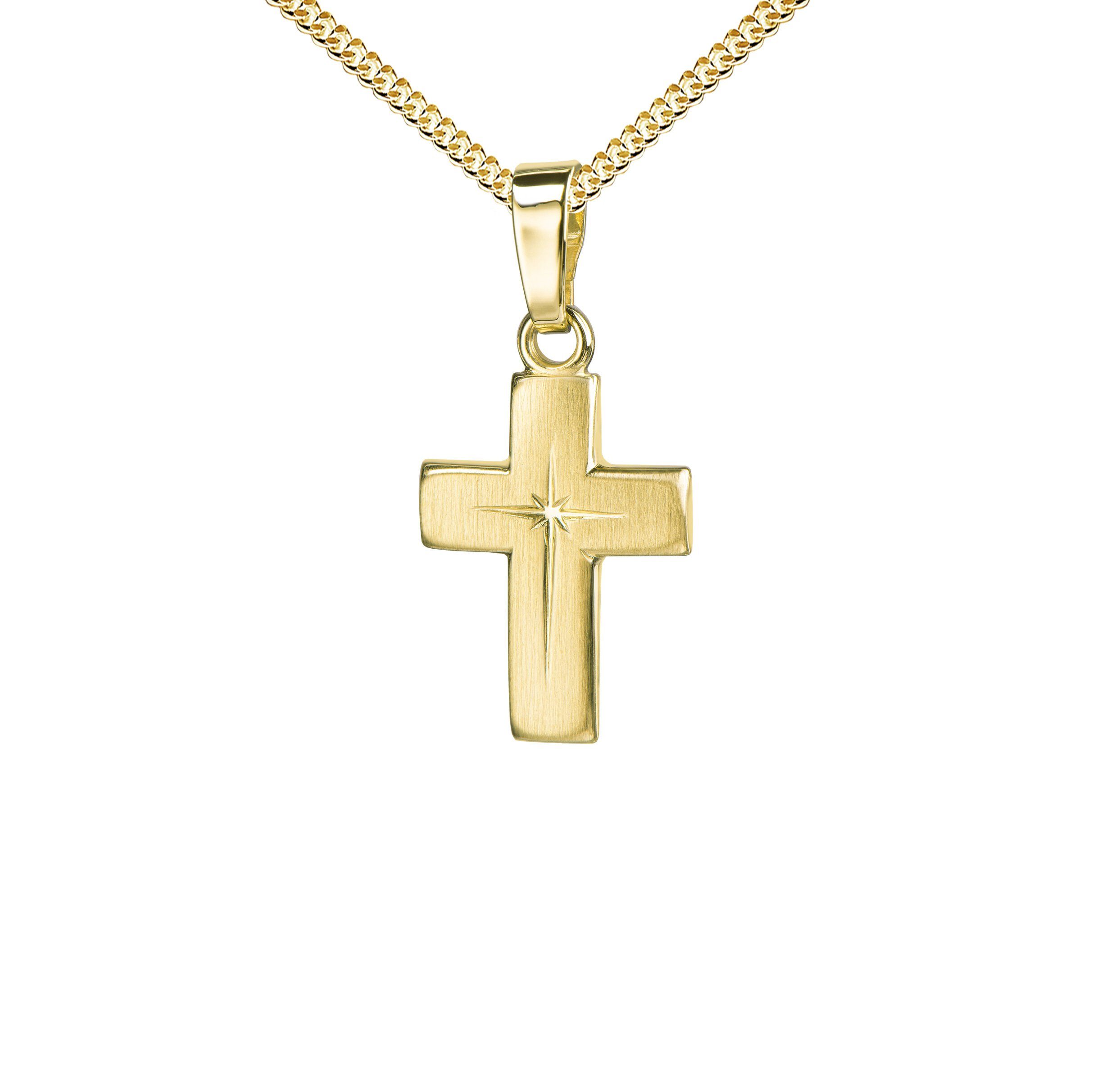 JEVELION Kreuzkette kleiner Kreuzanhänger vergoldet 925 Silber - Made in Germany (vergoldeter Silberanhänger, für Damen und Kinder), Mit Kette vergoldet- Länge wählbar 36 - 70 cm oder ohne Kette.