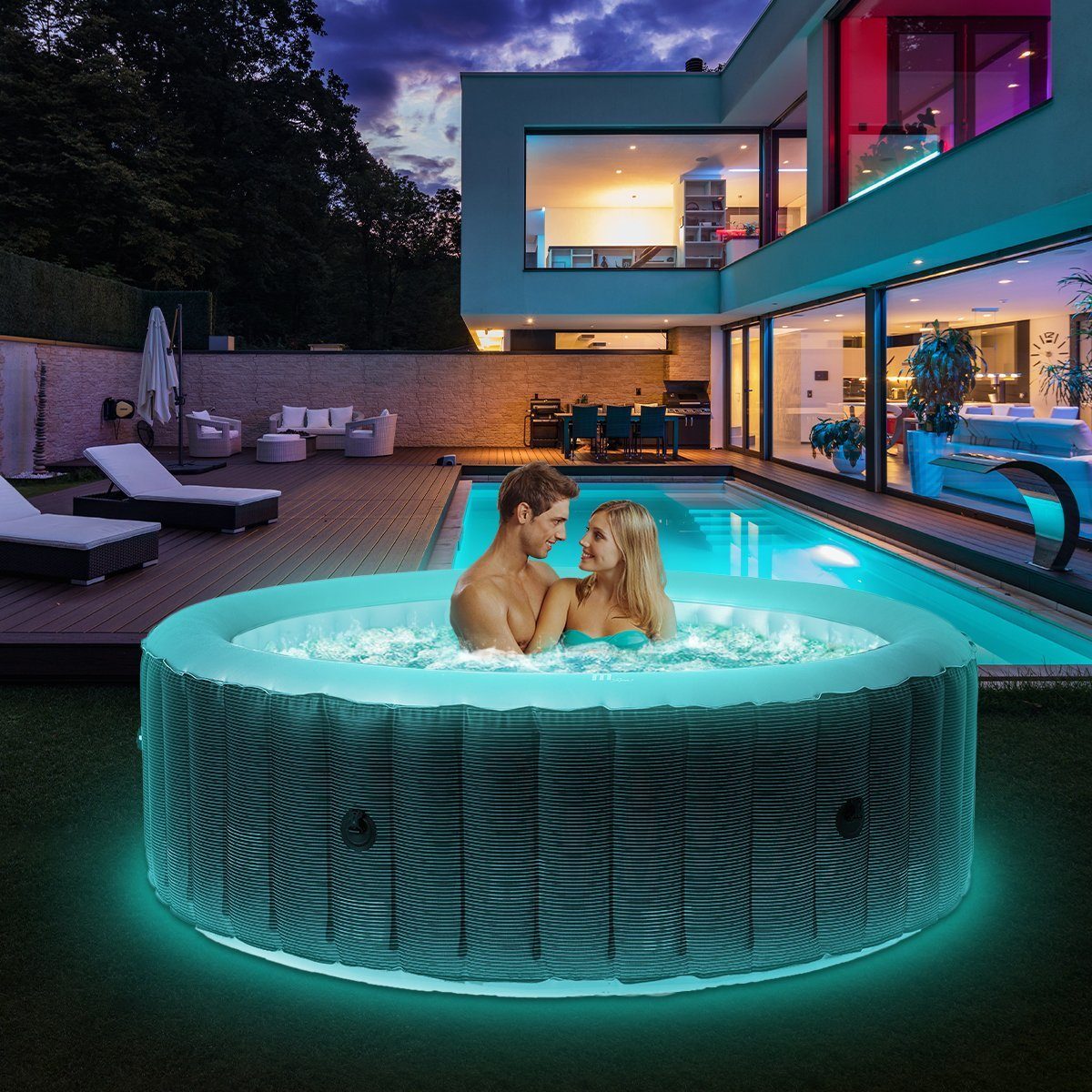 mSpa Whirlpool Outdoor Whirlpool aufblasbar Comfort Starry C-ST061 mit LED 6 Personen, (Luxus Garten Pool - inkl. Isolierabdeckung - Indoor - Intervallbeleuchtung - Schnellheizsystem - Winterfest, 2-tlg., Sitzpolster - 6-Schicht-PVC - LED Fernbedienung - Selbstaufblasbar), Pool Rund - Jacuzzi Bubble Spa - UV-C Wasserreinigung - 138 Luftdüsen