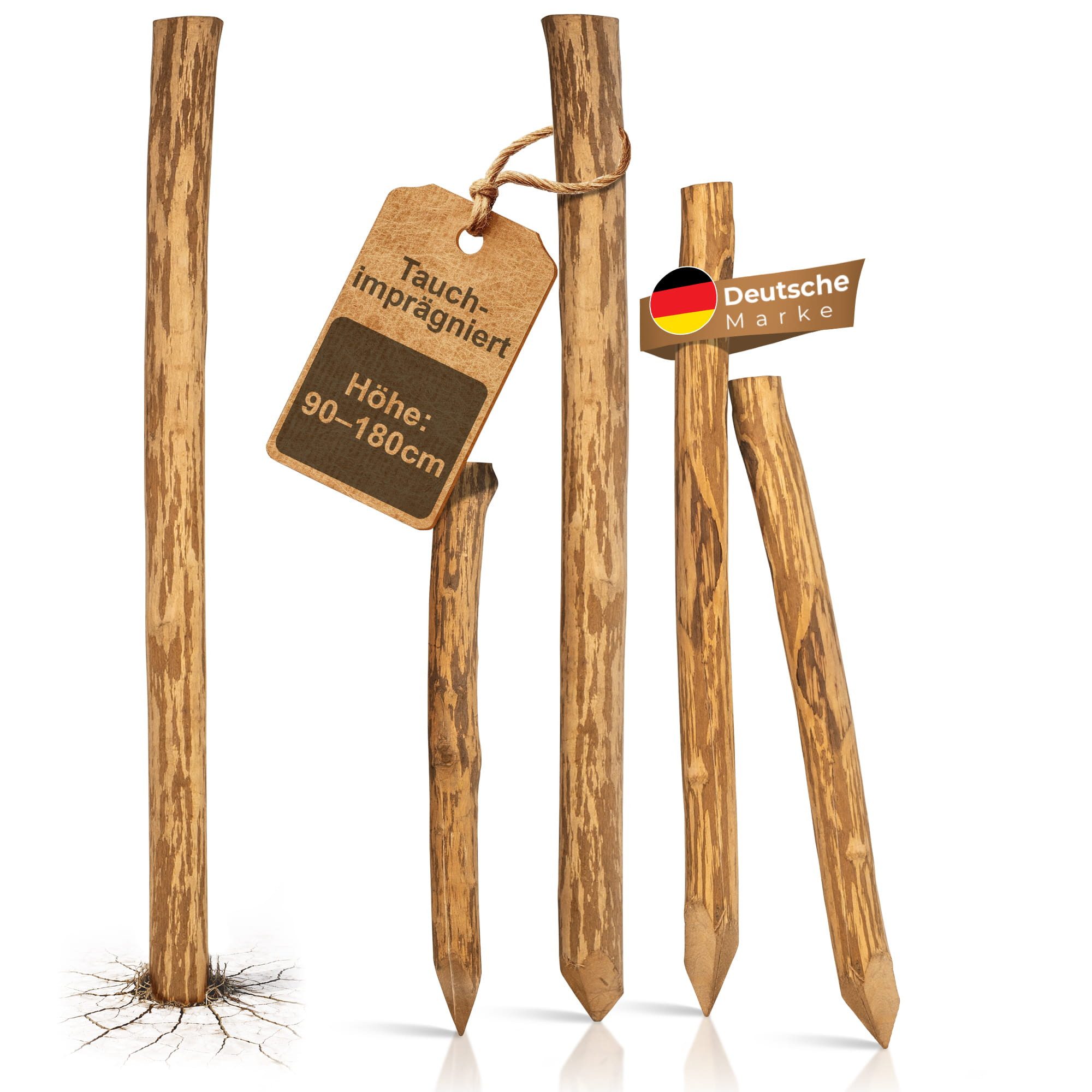 BooGardi Zaunpfosten Zaunpfahl Haselnuss imprägniert, (Baumpfahl spitz 90cm · viele Größen), Rundpfosten Staketenzaun Holzpfahl Palisade Garten