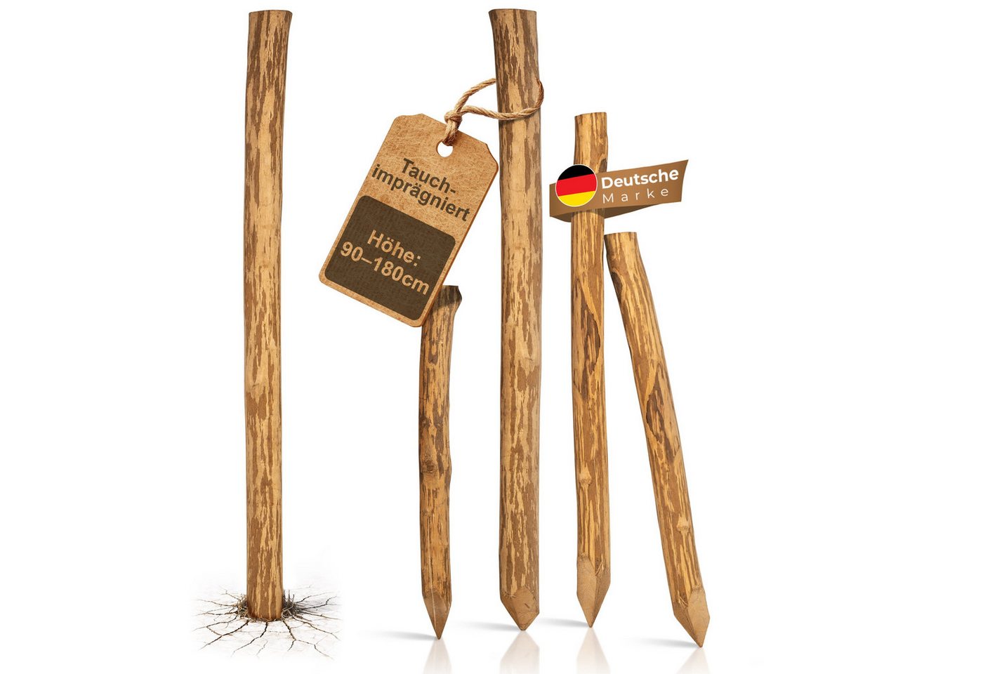 BooGardi Zaunpfosten Zaunpfähle · Holzpfosten für Staketenzaun · in 5 Größen, (5 Stück Holzpfahl rund · 90 cm lang · imprägniert), Pfosten · Holzpfähle für Holzzaun · Wildzaun · Holz · Haselnuss