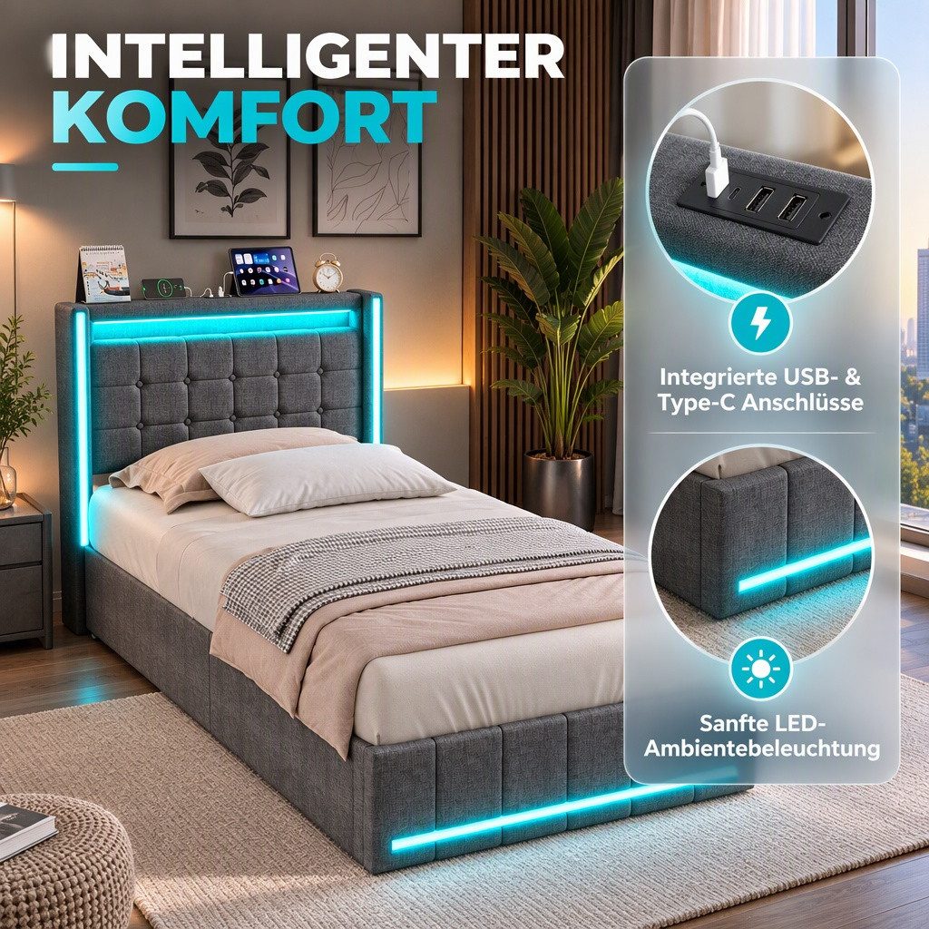 PXloue Polsterbett LED Doppelbett, Einzelbett, Bettkasten, Ladefunktion, Leinen, 90x200 cm – Bild 4 von 5