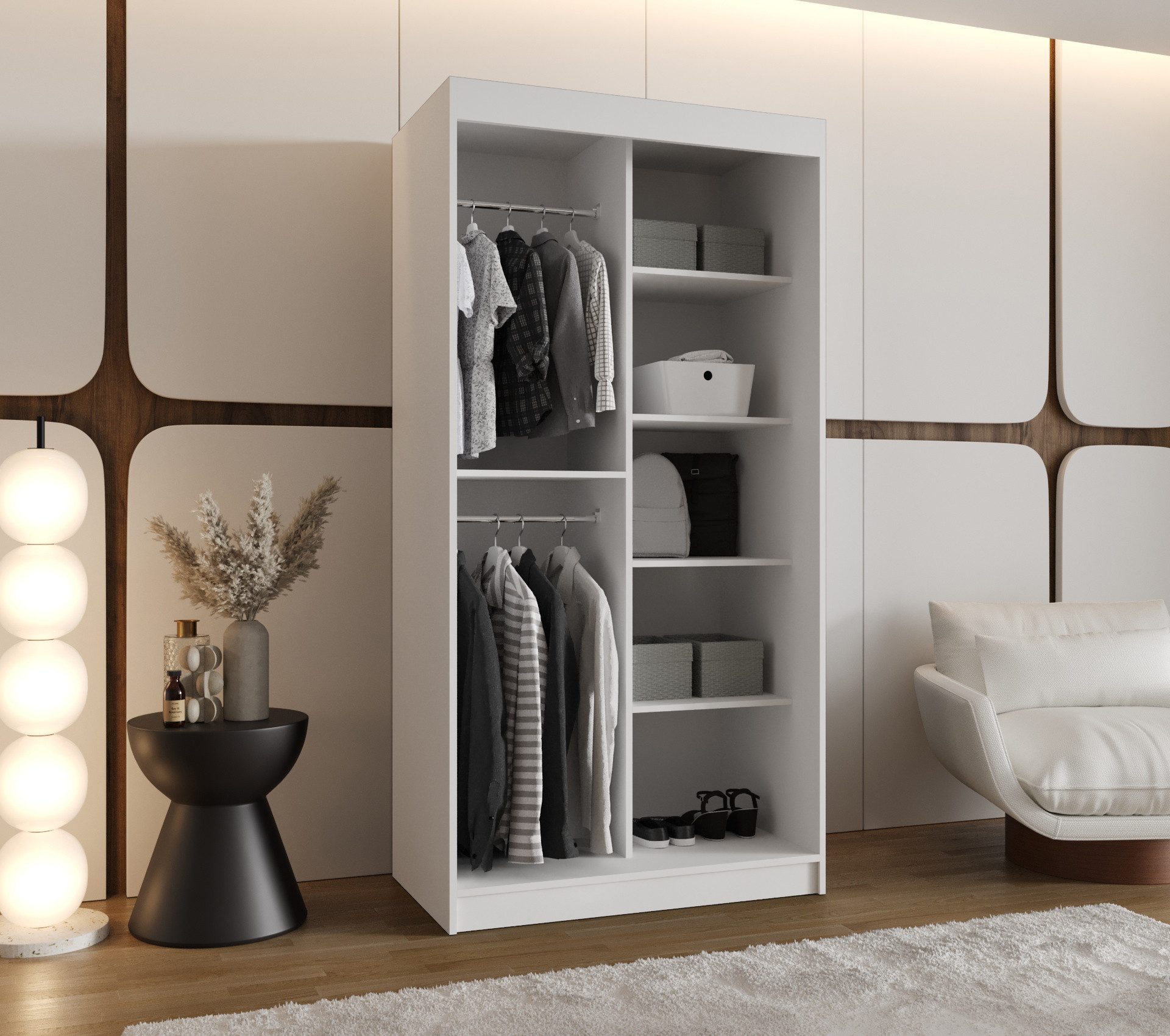 MOEBLO Schwebetürenschrank CYLIO (mit Spiegel – Moderner Kleiderschrank mit Schiebetüren, Metall-Kleiderstangen & BIMAK-System, in mehreren Farben & Größen, Sch – Bild 3 von 5