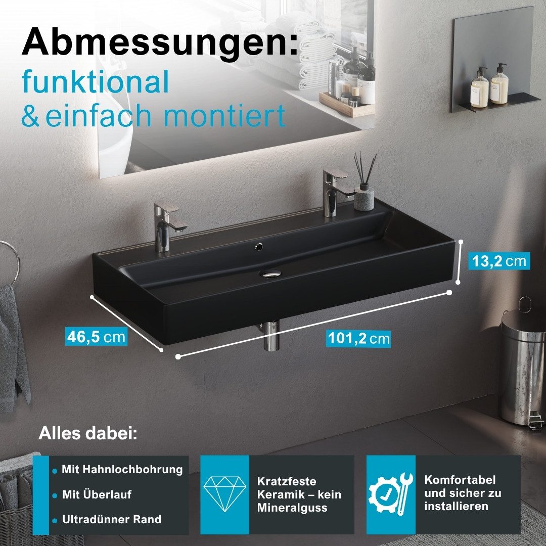 Aqua Bagno Waschbecken 100 cm schwarz matt Doppelwaschtisch Keramik Wandmontage