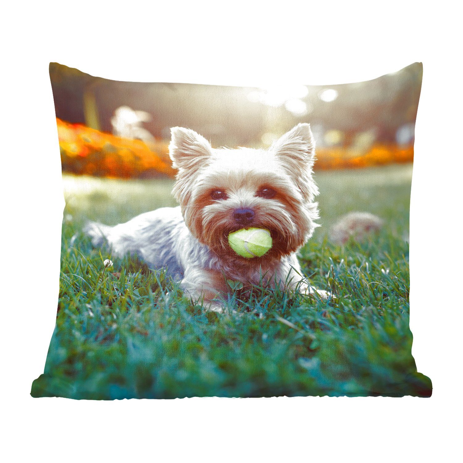 MuchoWow Dekokissen Yorkshire Terrier liegt im Gras mit einem Tennisball im Maul, Zierkissen mit Füllung für Wohzimmer, Schlafzimmer, Deko, Sofakissen