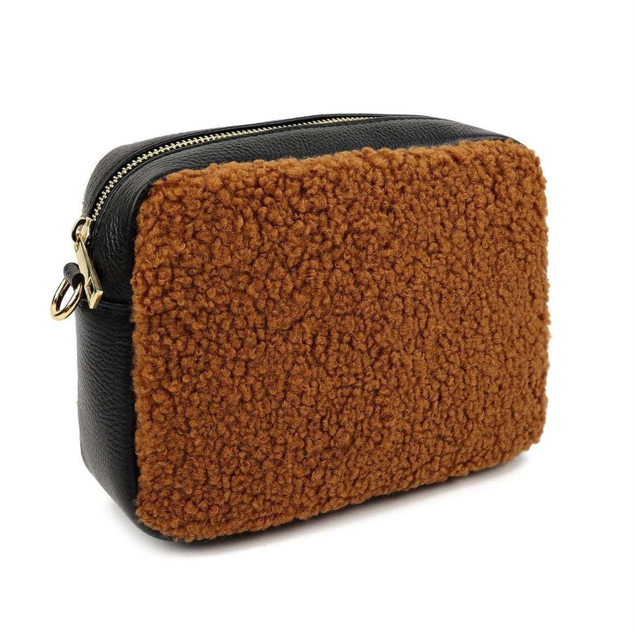 ITALYSHOP24 Schultertasche Damen Pelztasche Leder Plüsch Bodybag Teddy, als Schultertasche, CrossOver, Umhängetasche tragbar