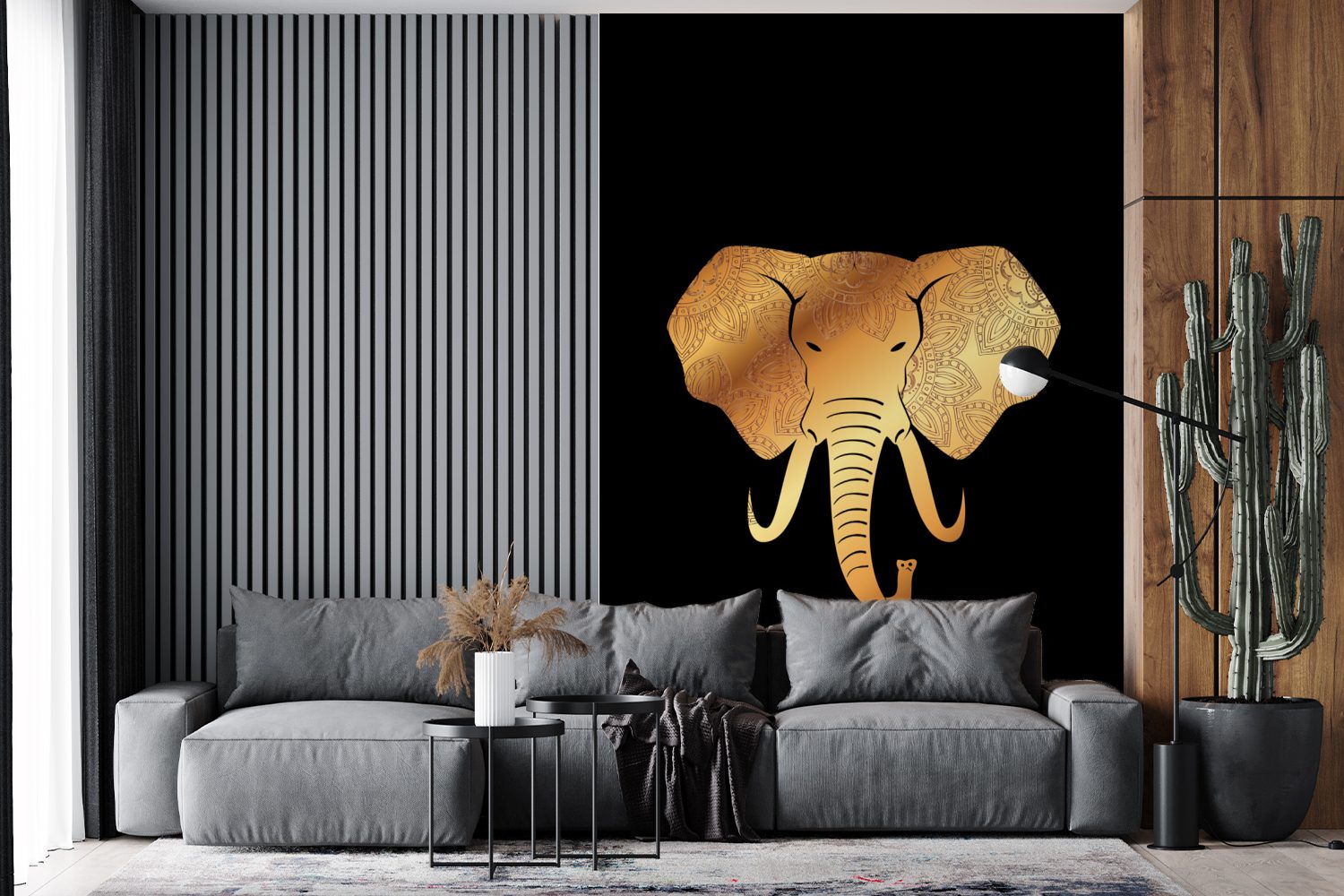 - Elefant Muster, für St), Wohnzimmer, Wandtapete MuchoWow - bedruckt, Gold Fototapete Tapete Vinyl Matt, (3 Montagefertig