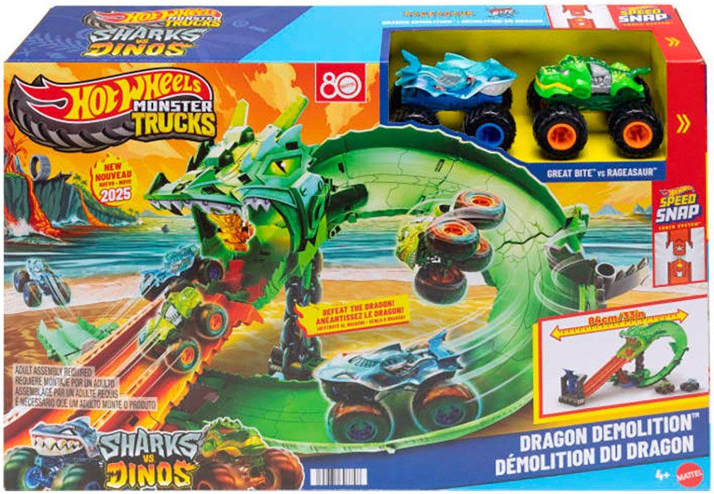 Hot Wheels Autorennbahn Hot Wheels Monster Trucks Drachenangriff, inklusive 2 Spielzeugtrucks