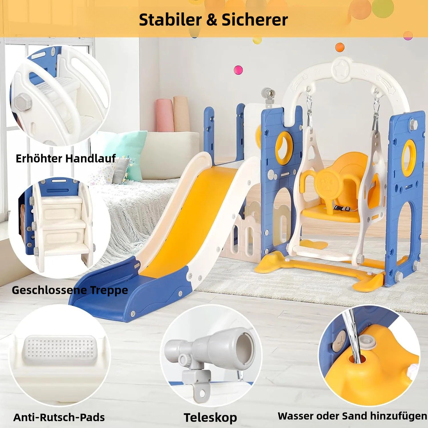 TLGREEN Rutsche 5-in-1 Kinderrutsche, Gartenrutsche Breite Stufen und Griffe, (Indoor und Outdoor Freistehende Rutsche), Kinderrutsche mit Schaukel, Klettergerüst, Spielplatz für Kleinkinder