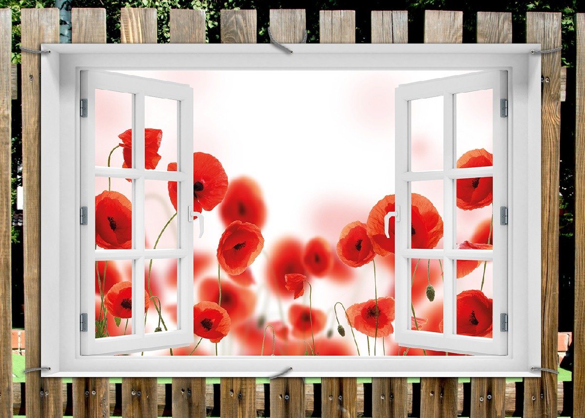 Thumbnail - Wallario Sichtschutzzaunmatten Leuchtende Mohnblumen - Rote Mohnblumenblüten, mit Fenster-Illusion