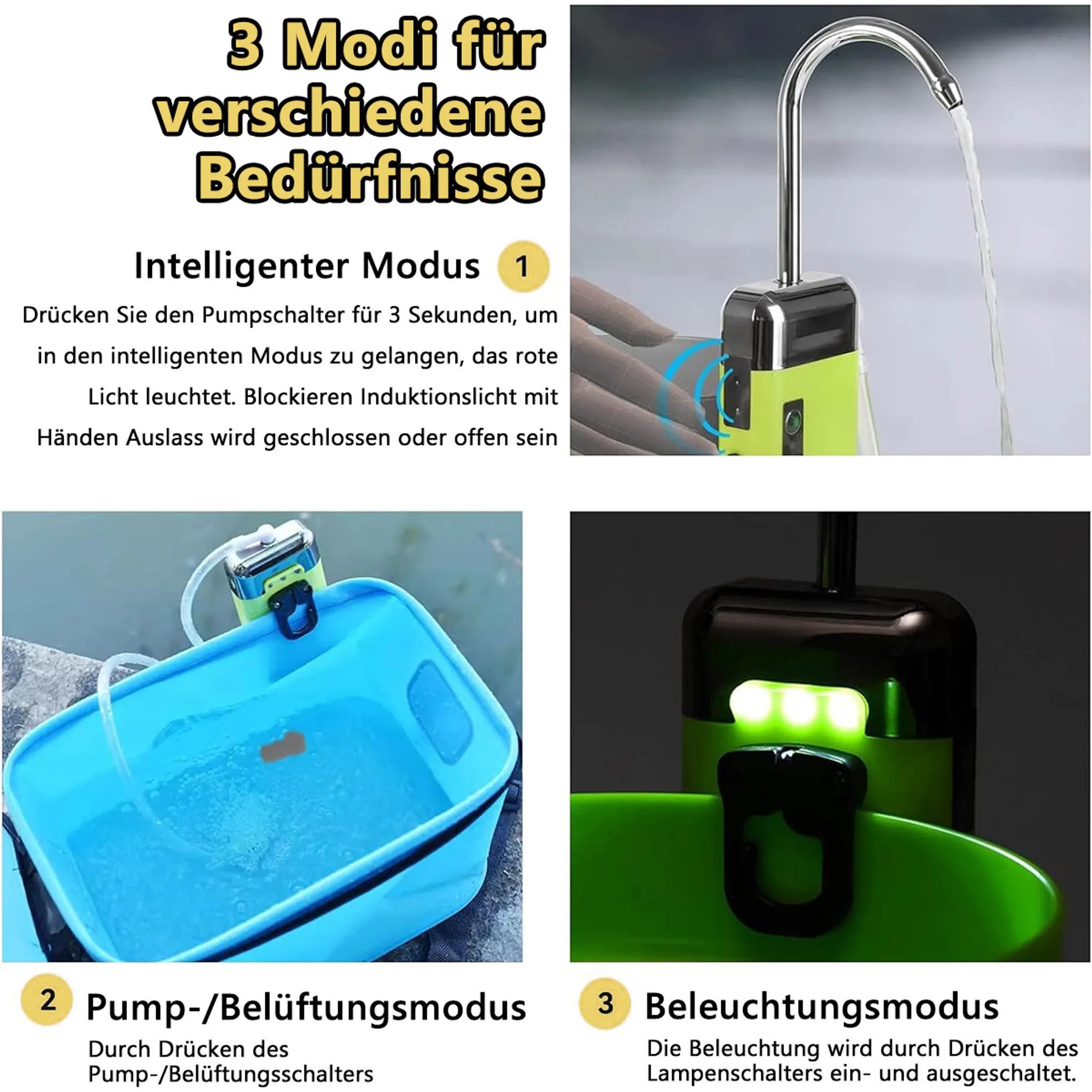 Tekoo Teichbelüfter Sauerstoffpumpe für Angeln, 3-in-1 Wasserpumpe mit LED & Induktion, Induktionssteuerung, LED-Beleuchtung, Sauerstoffzufuhr, tragbar