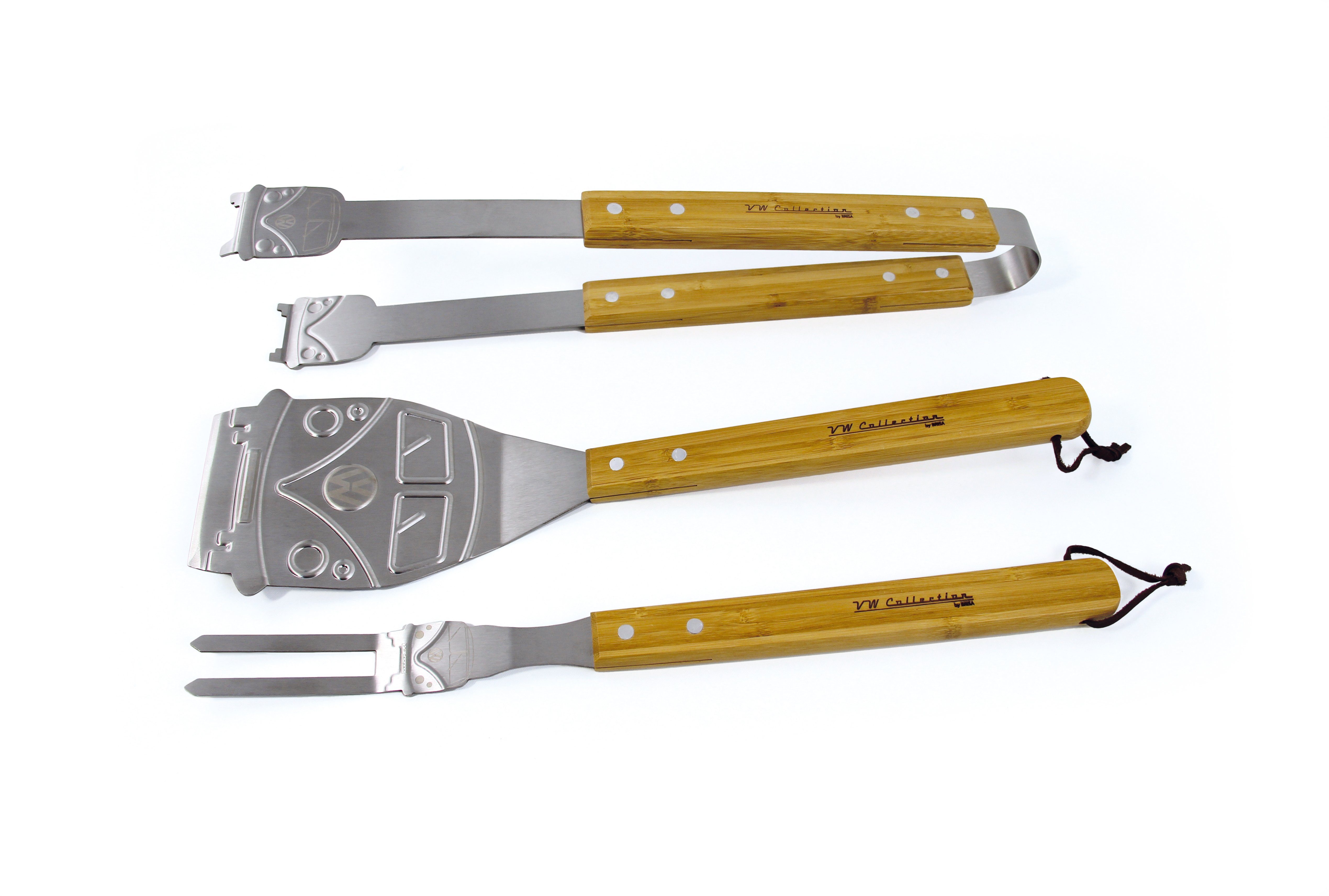 VW Collection by BRISA Grillbesteck-Set Volkswagen Grillzange aus Edelstahl im T1 Bulli Design, (3 tlg), Grillgabel, Fleischwender & Grillzange inkl. Tragetasche