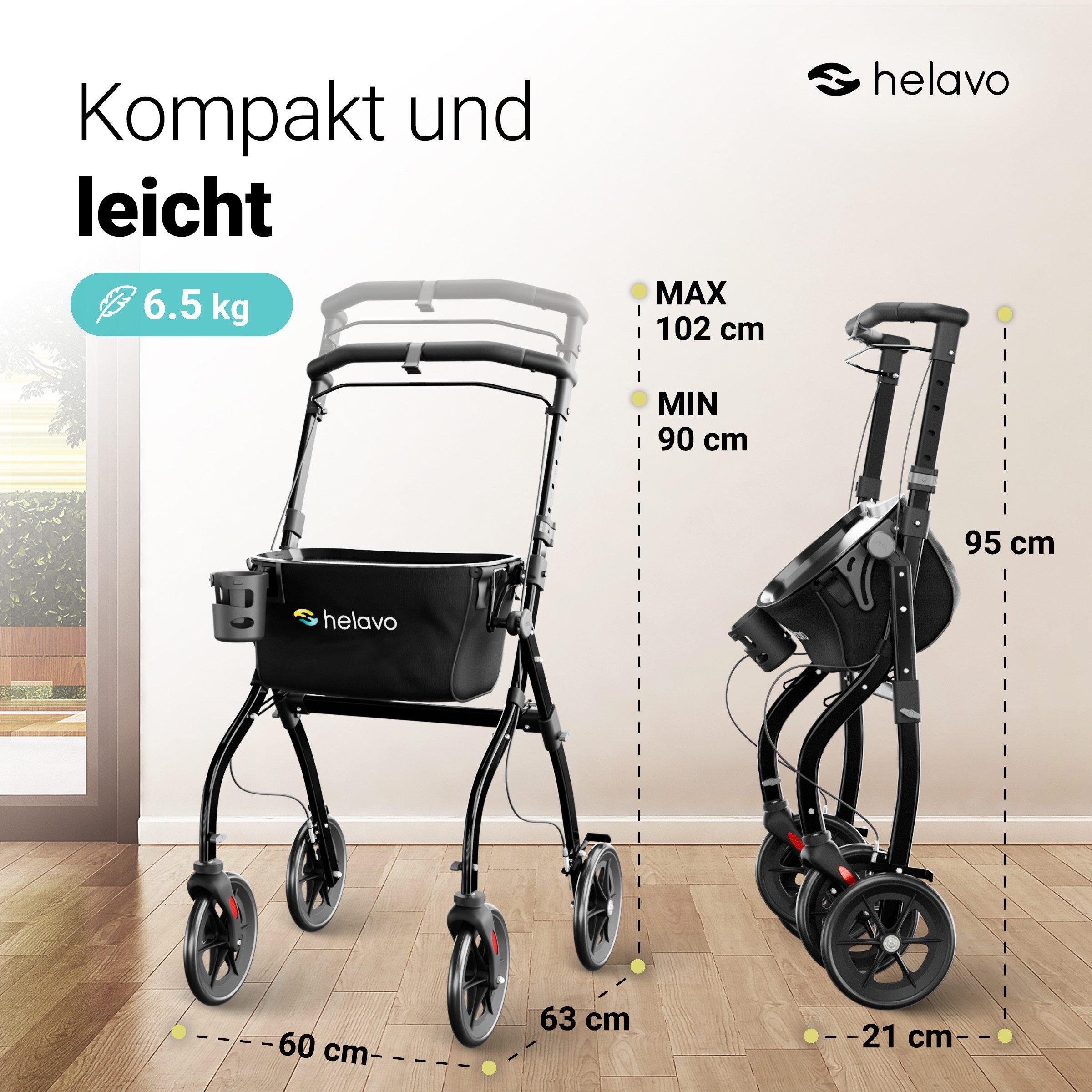 Helavo Indoor-Rollator H1030, Faltbarer Indoor Rollator mit Anti-Rutsch-Tablett, Korb & Becherhalter