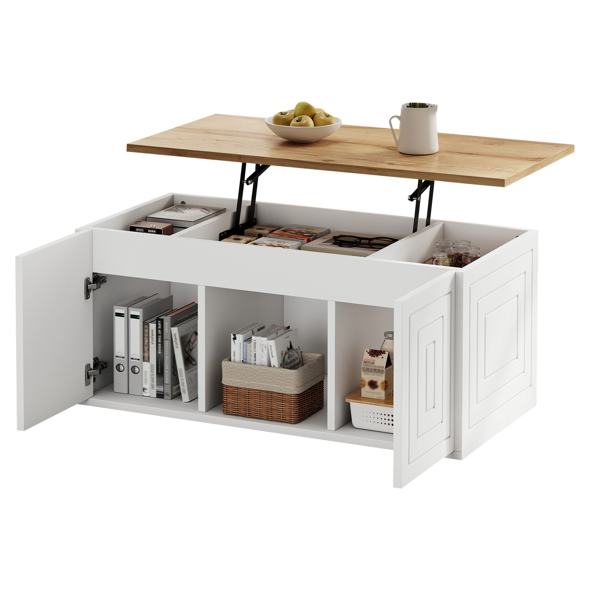 KLAM HOME Couchtisch Multifunktions Tisch Weiß-Natur mit Stauraum und Hubfunktion (Couchtisch 95×46×45cm höhenverstellbar bis 59cm mit Doppeltüren), Kombinierter Sofatisch nutzbar als Beistelltisch & Heimarbeitsplatz