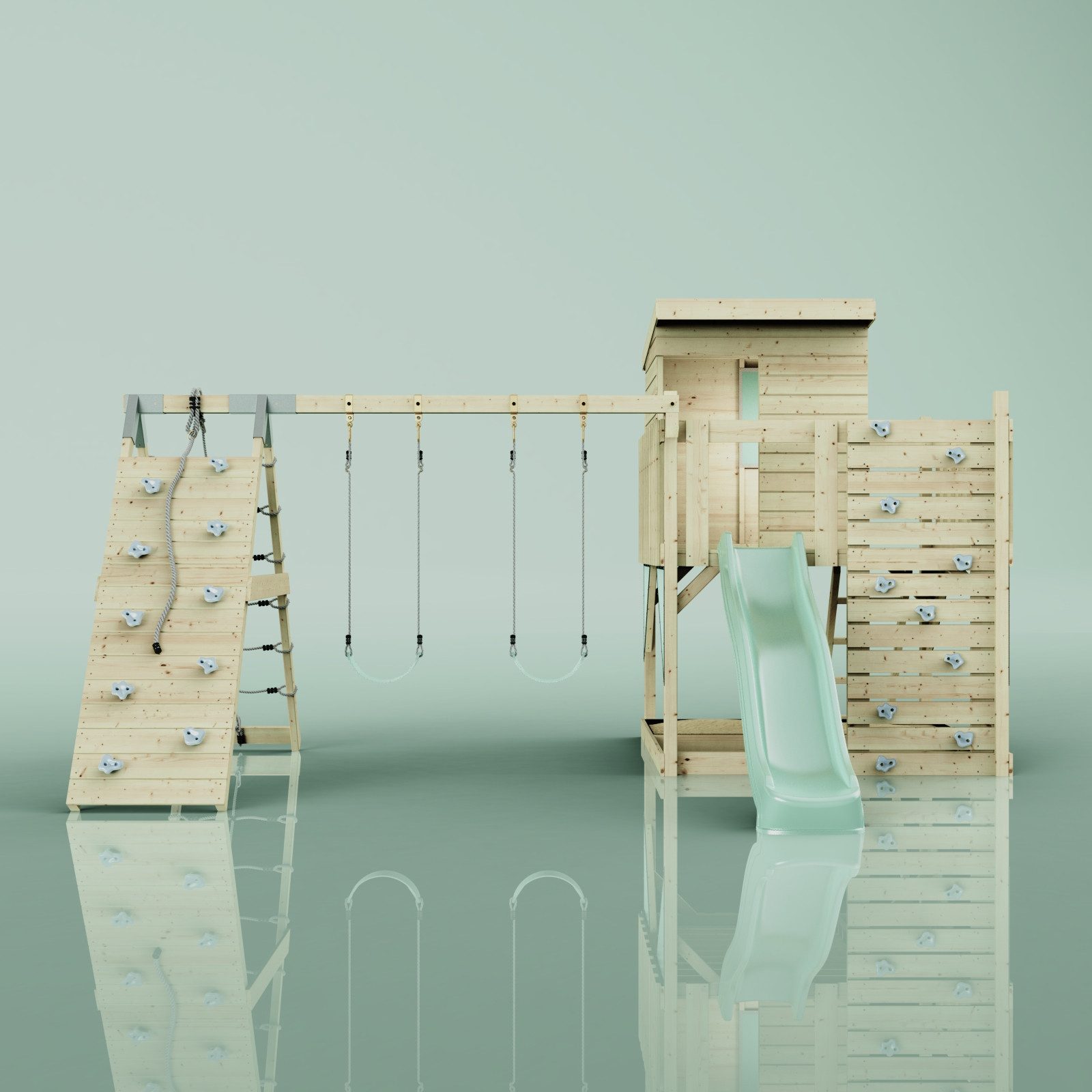 OutdoorToys Spielturm Frida, aus Holz in Mintgrün mit Kinderschaukel & Rutsche, Kletterwand