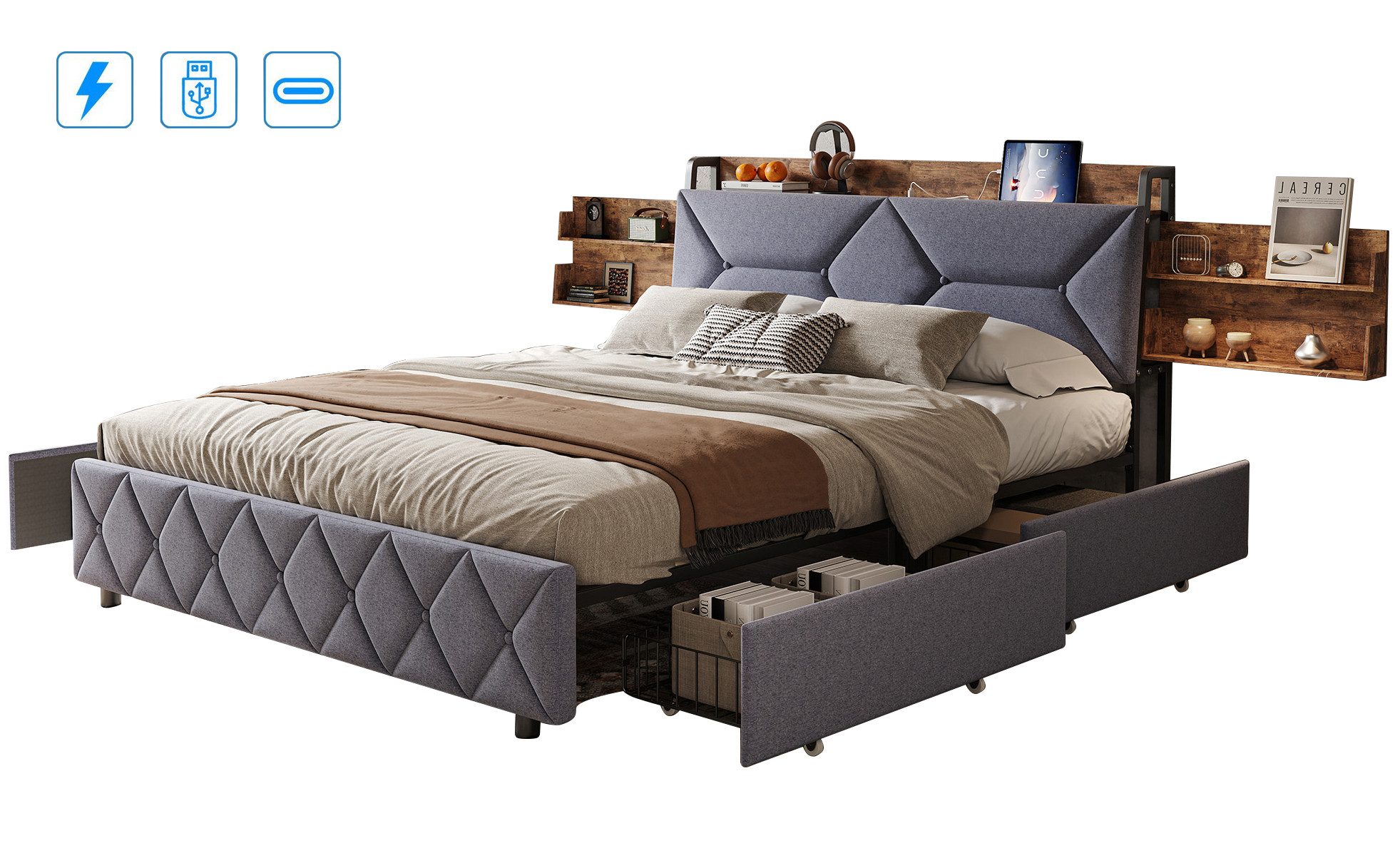 FUROKOY Stauraumbett Doppelbett Polsterbett mit 4 günstig online kaufen