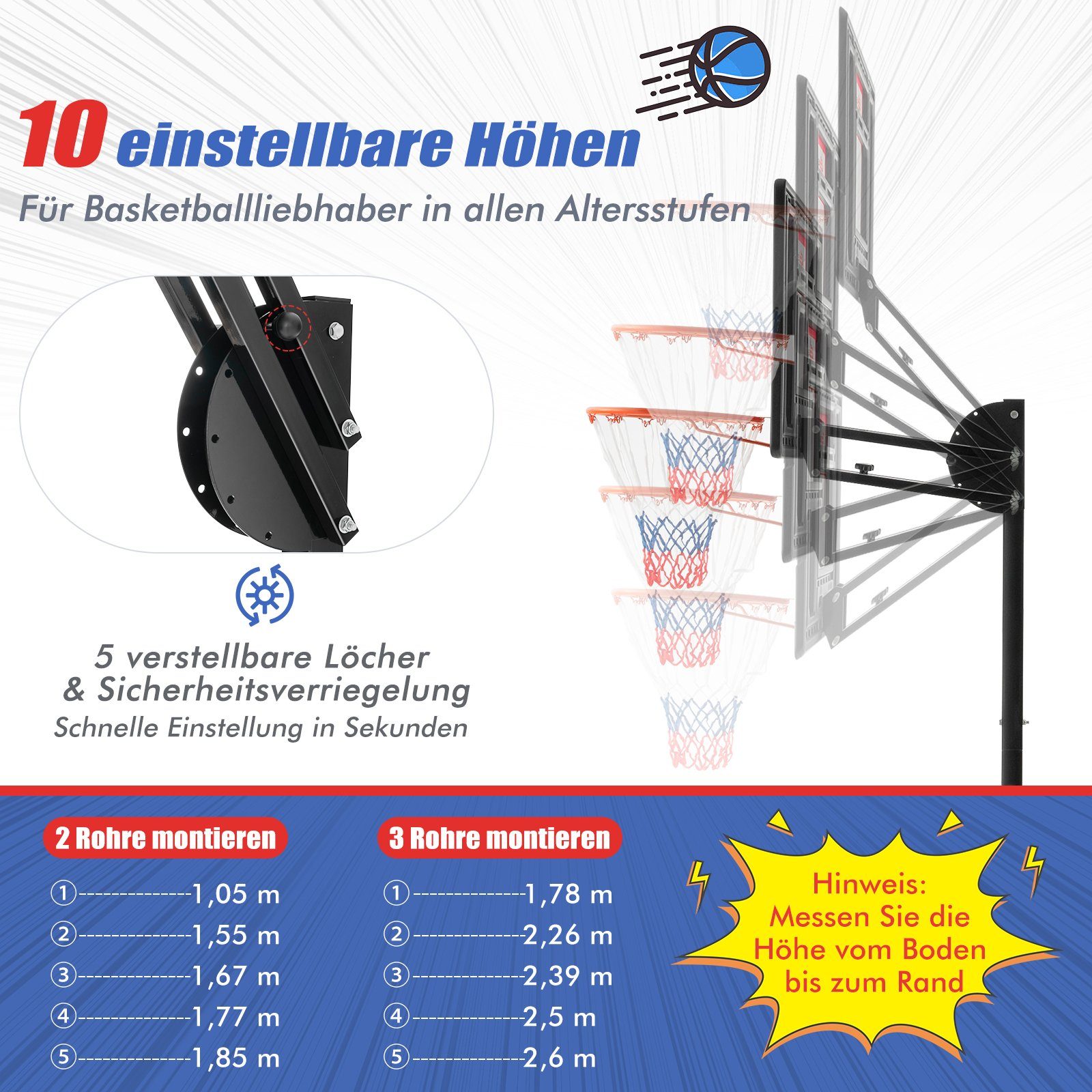 COSTWAY Basketballständer Basketballkorb, 228-265cm höhenverstellbar, Rädern