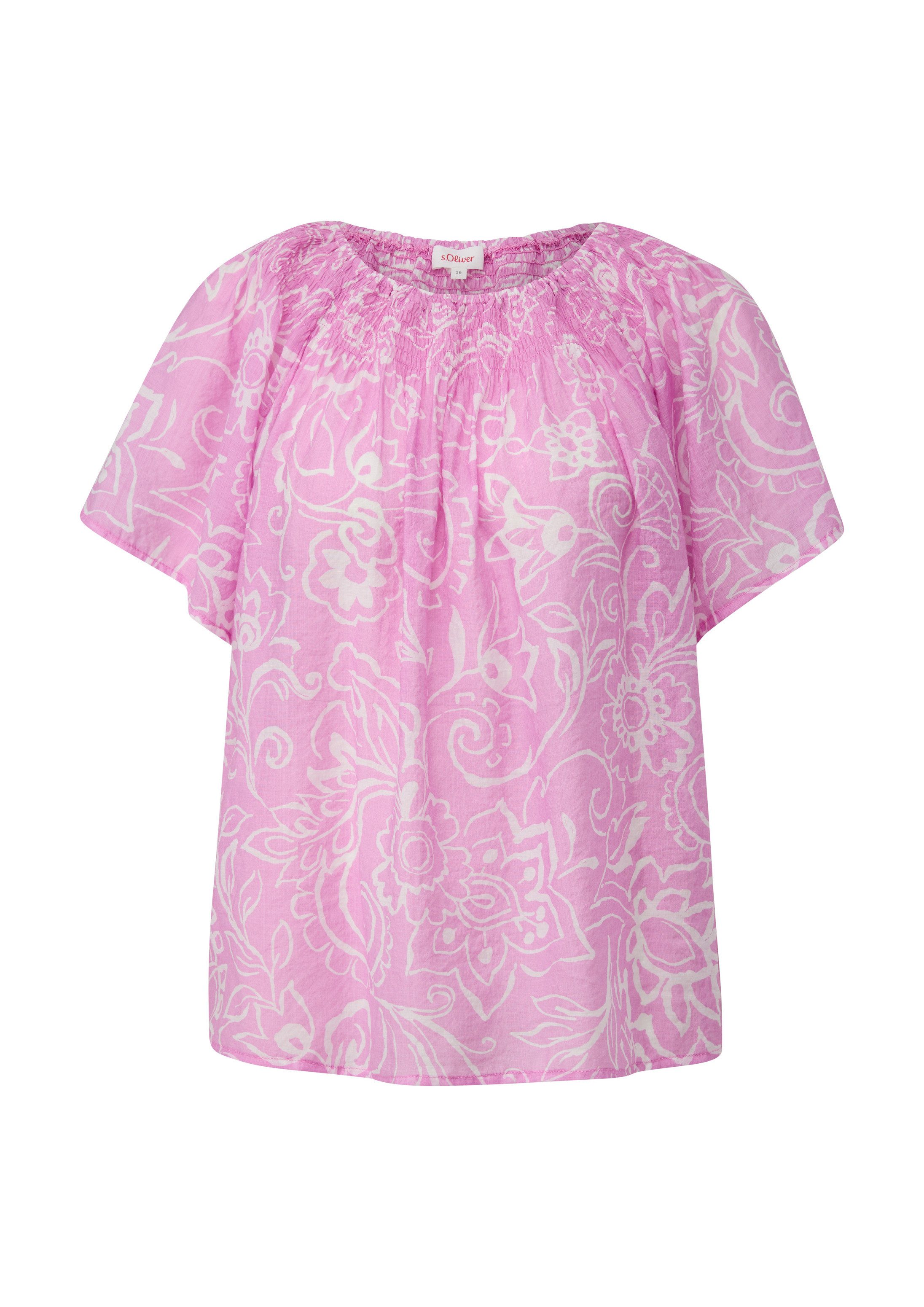 s.Oliver Kurzarmbluse Bluse Gemusterte Bluse im Relaxed Fit mit Smok-Detail