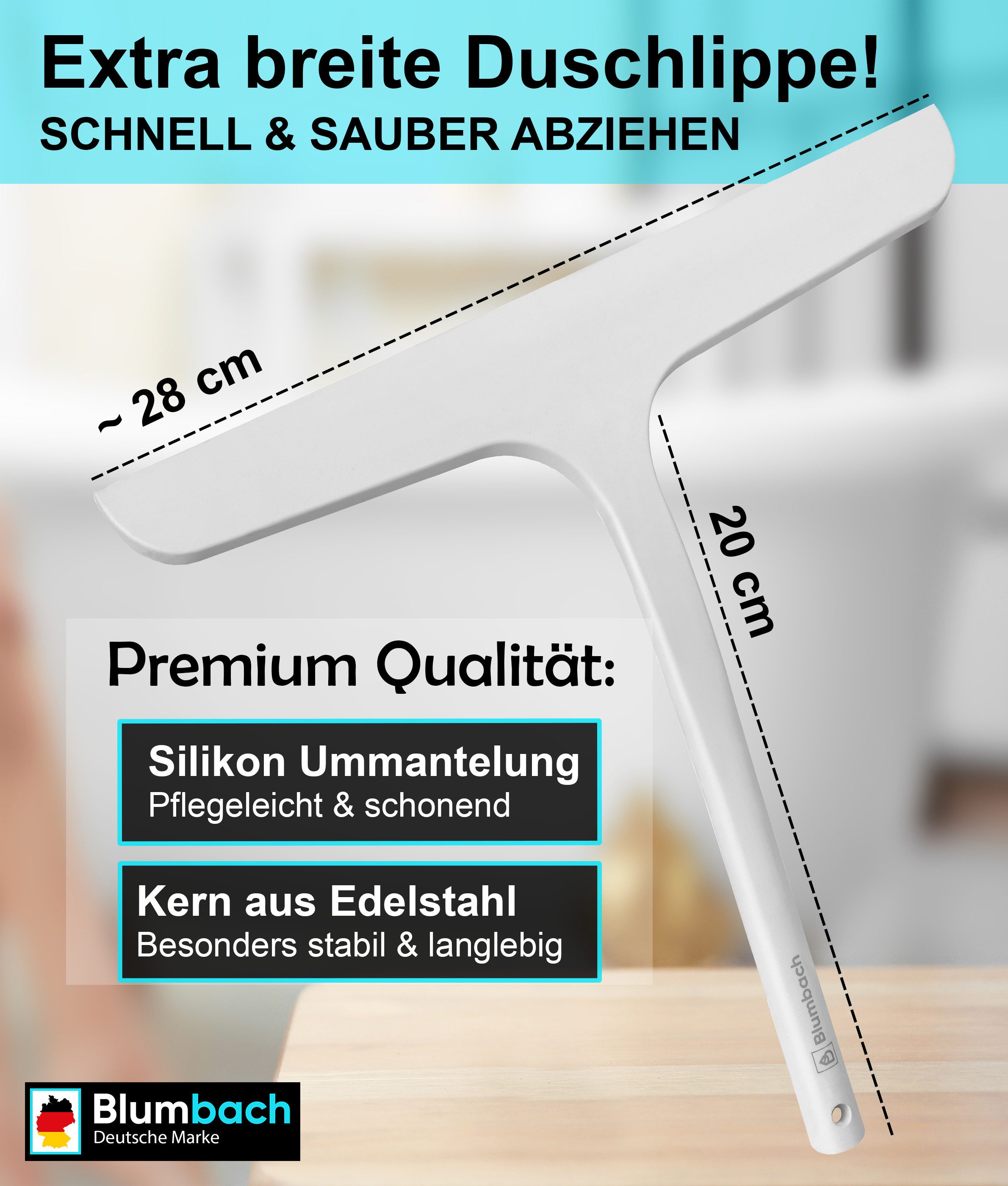 Blumbach Duschabzieher - Silikon Abzieher mit Edelstahlkern, elastisches Wischblatt 28 cm, (Abzieher Dusche mit 2 Halterungen), Premium Duschabzieher 28 cm