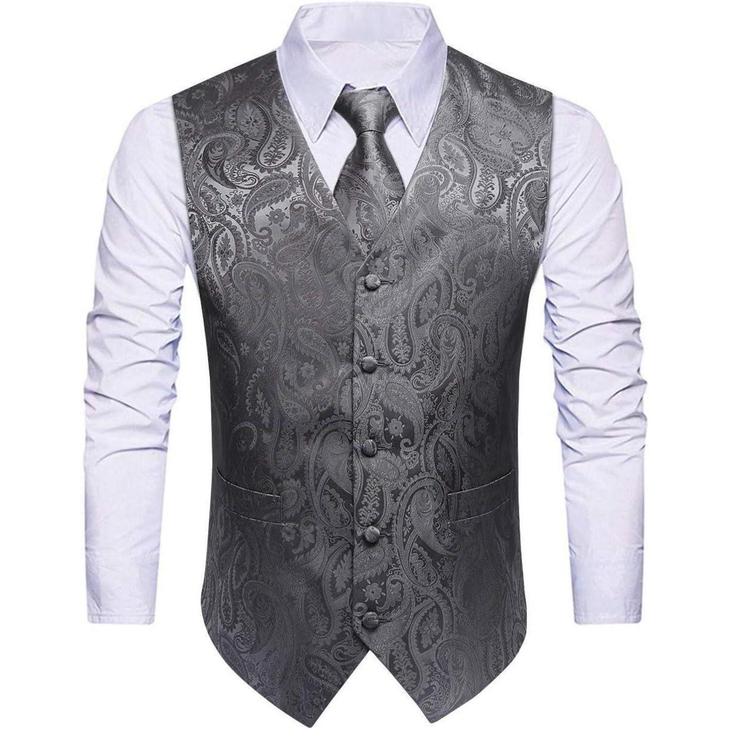 LuxusKollektion Krawatte Herren Weste Paisley Floral Jacquard Krawatte Anzug Set Grau XS