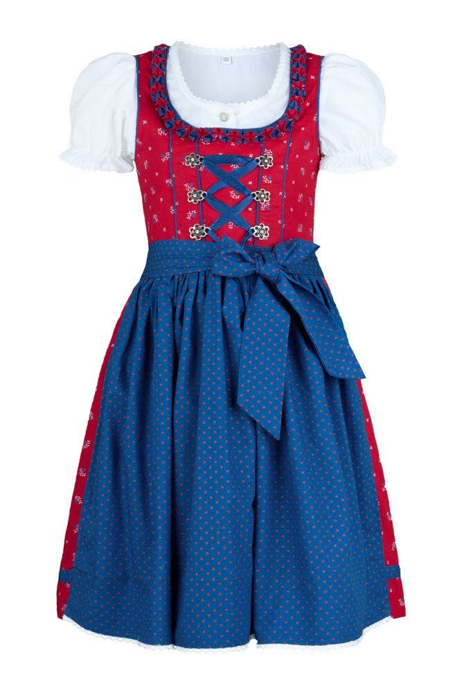 Nübler Dirndl Kinderdirndl Emilia in Rot Blau, 3-teiliges Set - Rocklänge knielang (Dirndl Set EMILIA, Dirndl Kleid mit Bluse und Schürze) Kinder Tracht im bayerischen Stil - Trachtenmode Kinder