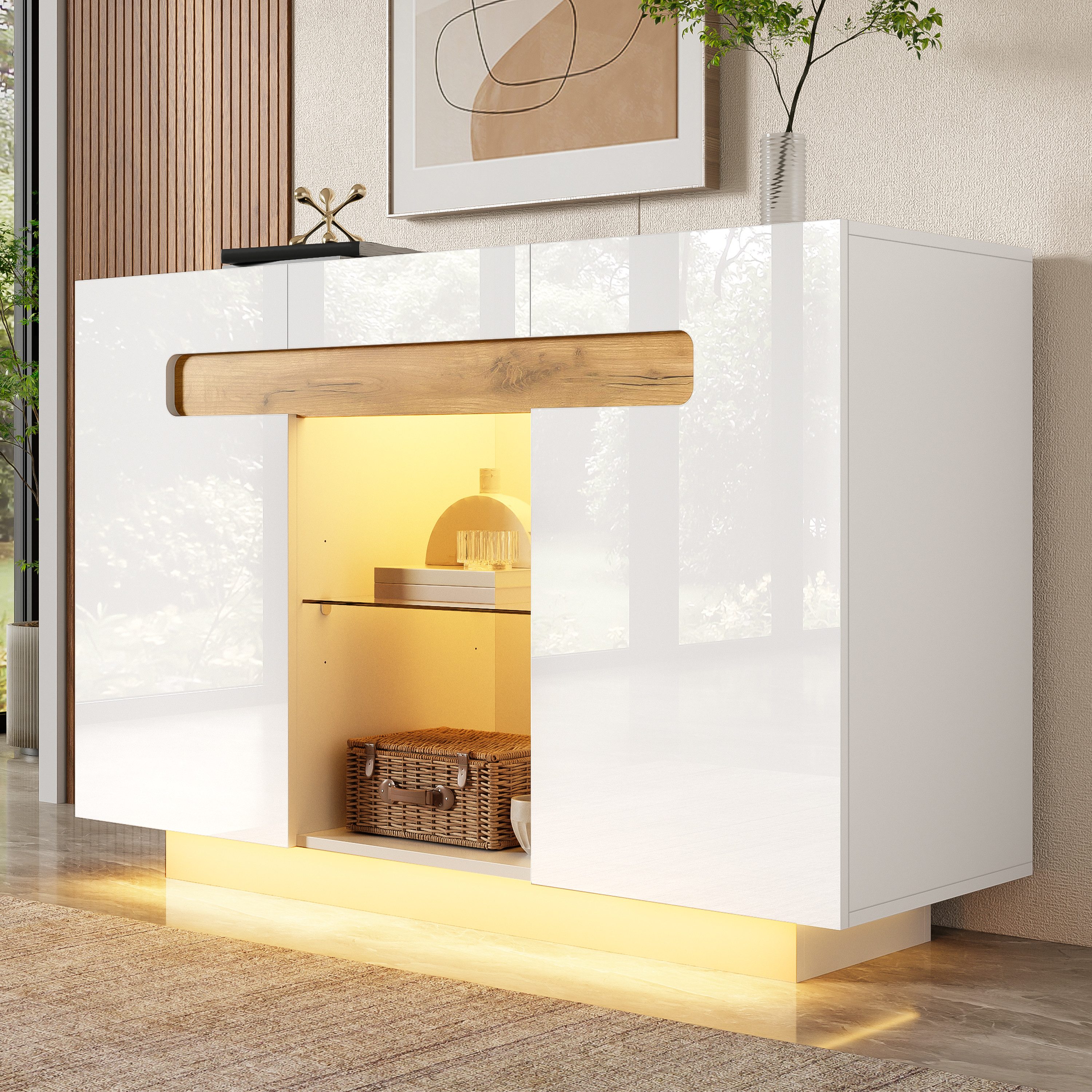 Flieks Sideboard Kommode mit LED-Beleuchtung und verstellbarer Glaseinlegeböden (1 St., 120x40x80 cm), Mehrzweckschrank Multifunktionsschrank Holzschrank Hochglanz Weiß