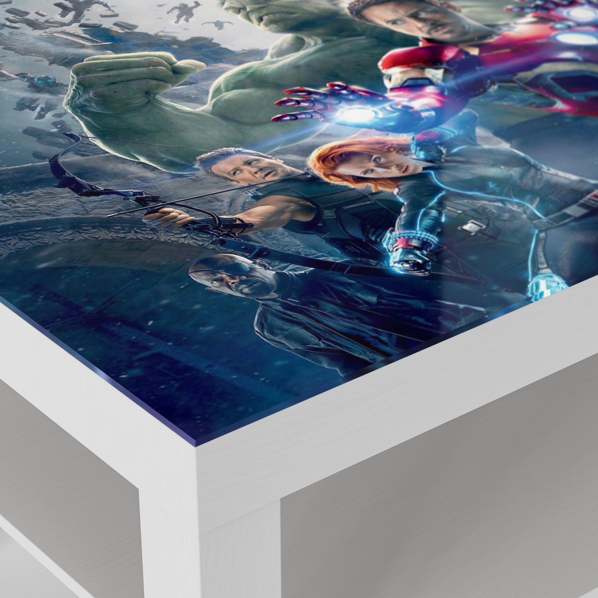 Couchtisch 'Avengers Weiß DEQORI Glas Glastisch Collage', modern Beistelltisch Gruppen