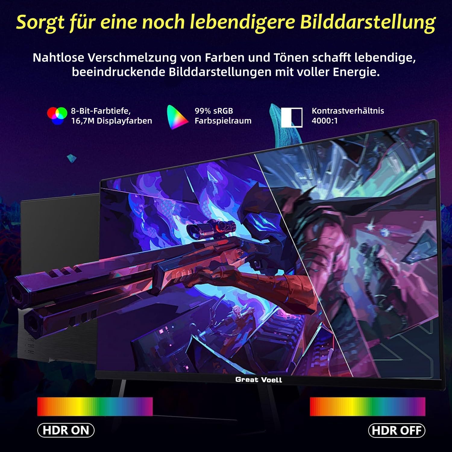 Great Voell 24 Zoll FHD-1080p-Monitor, 180Hz, VESA, Rahmenloser Gaming-Monitor (61 cm/24 ", 1920 x 1080 px, FHD, 1 ms Reaktionszeit, 180 Hz, VA LED, HDMI & DisplayPort, AMD FreeSync & G-Sync, FPS/RTS Mode, 180Hz)