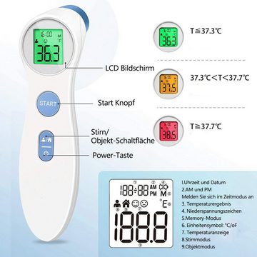 SOTOR Raumthermometer kontaktlos infrarot Stirnthermometer,digitales 2 in 1 Thermometer, 1-tlg., Fieberalarm, LCD Anzeige, Speicherabruf mit genauer Zeit