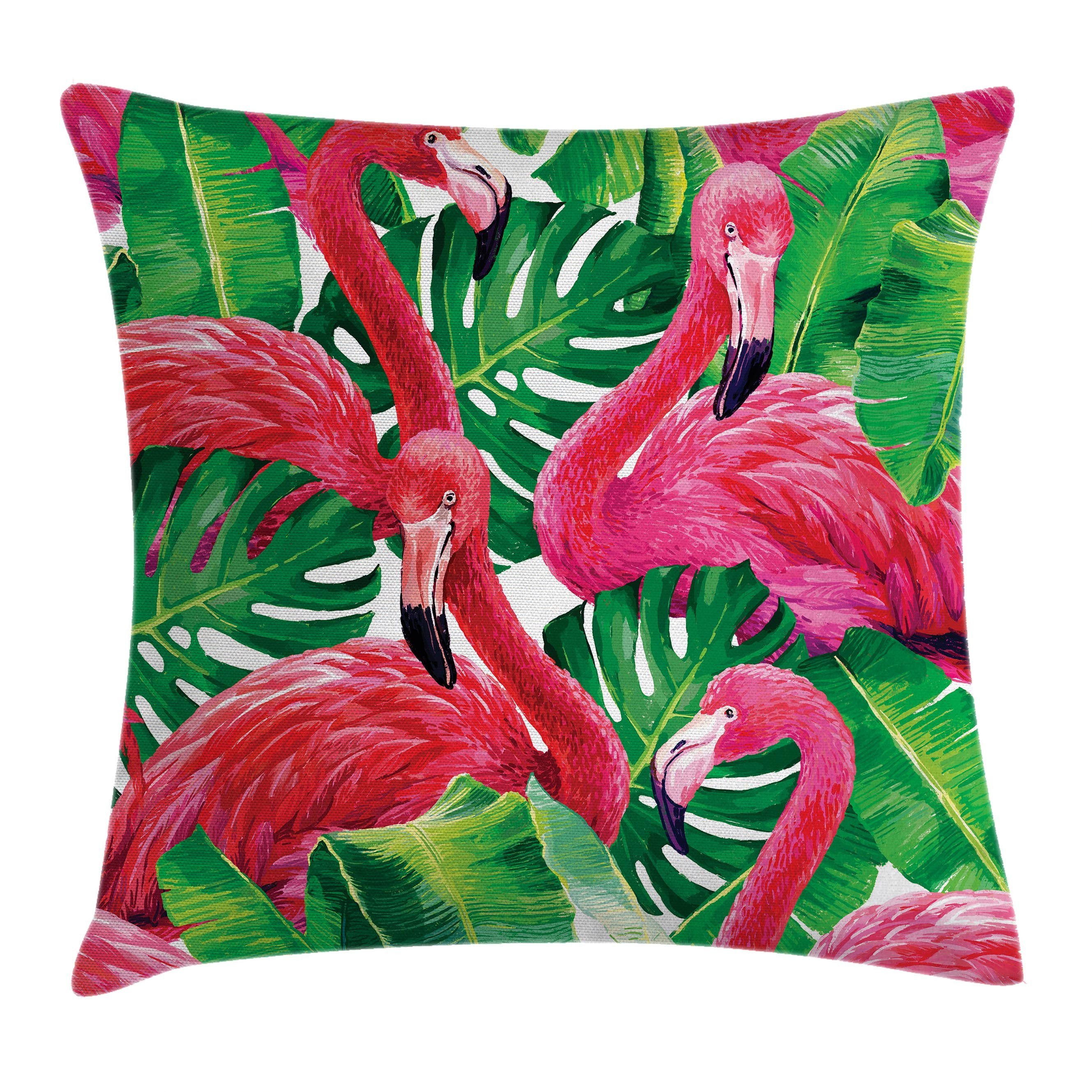 Kissenbezüge Reißverschluss exotische Beidseitiger Abakuhaus Farbfesten (1 Flamingo Stück), Klaren Farben Blätter Kissenhülle Retro Druck