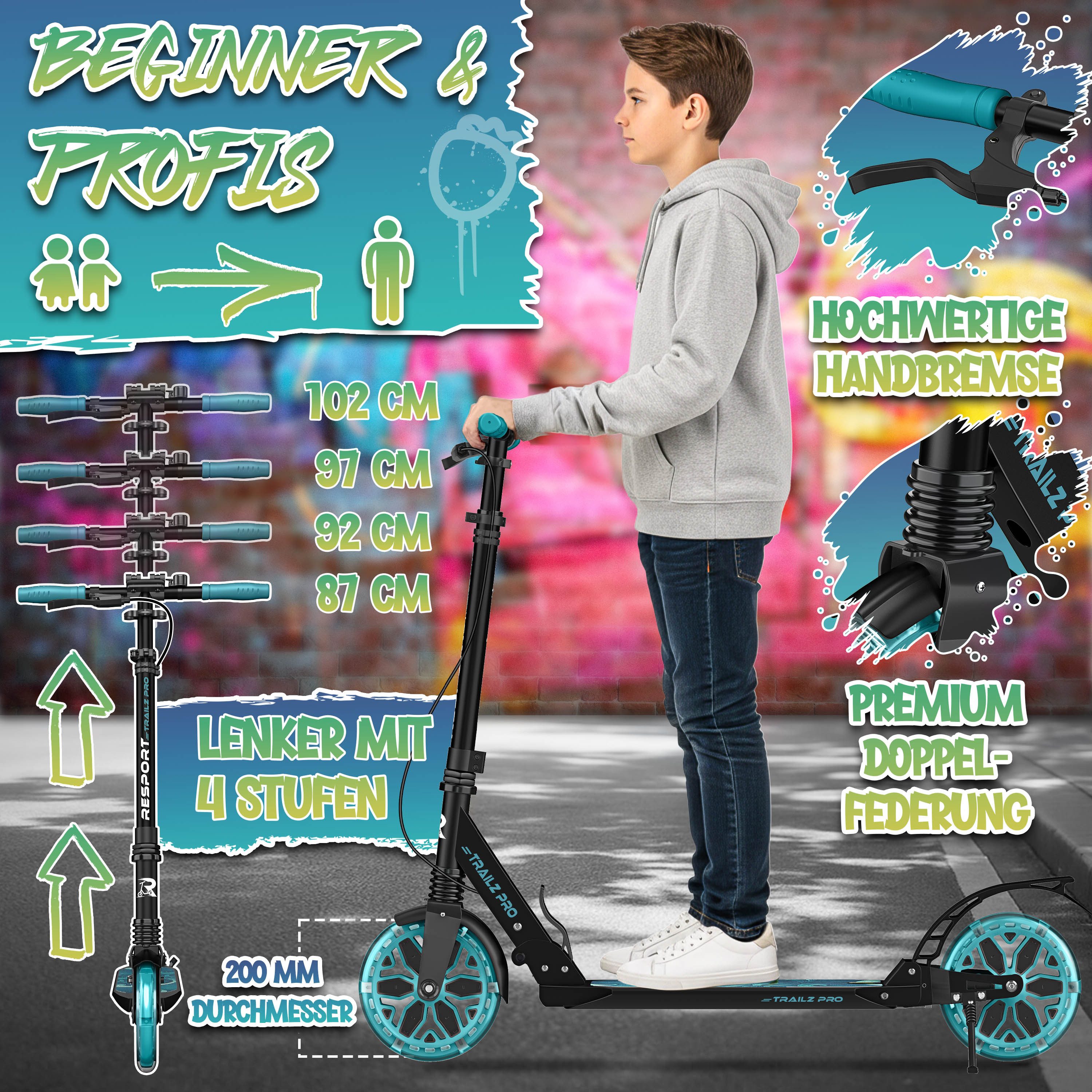 RE:SPORT Cityroller RE:SPORT® Trailz Pro Cityroller Scooter inkl. Tragegurt und Klingel, (Scooter höhenverstellbar & klappbar, Kickscooter Tretroller inkl. Hand – Bild 3 von 5