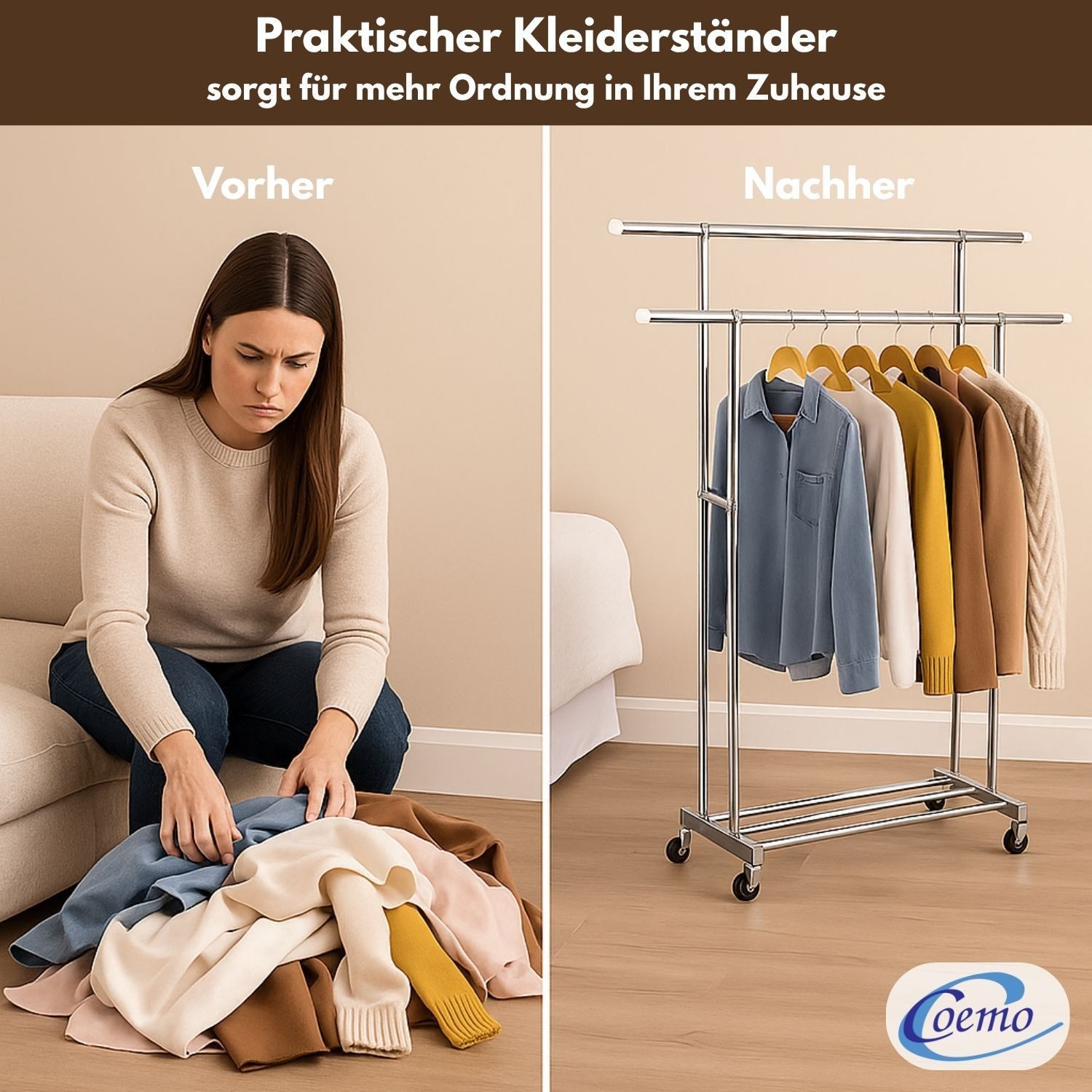 Coemo Kleiderständer, Garderobenständer mit Doppelstange, mit Rollen und Ablagefläche Schuhe