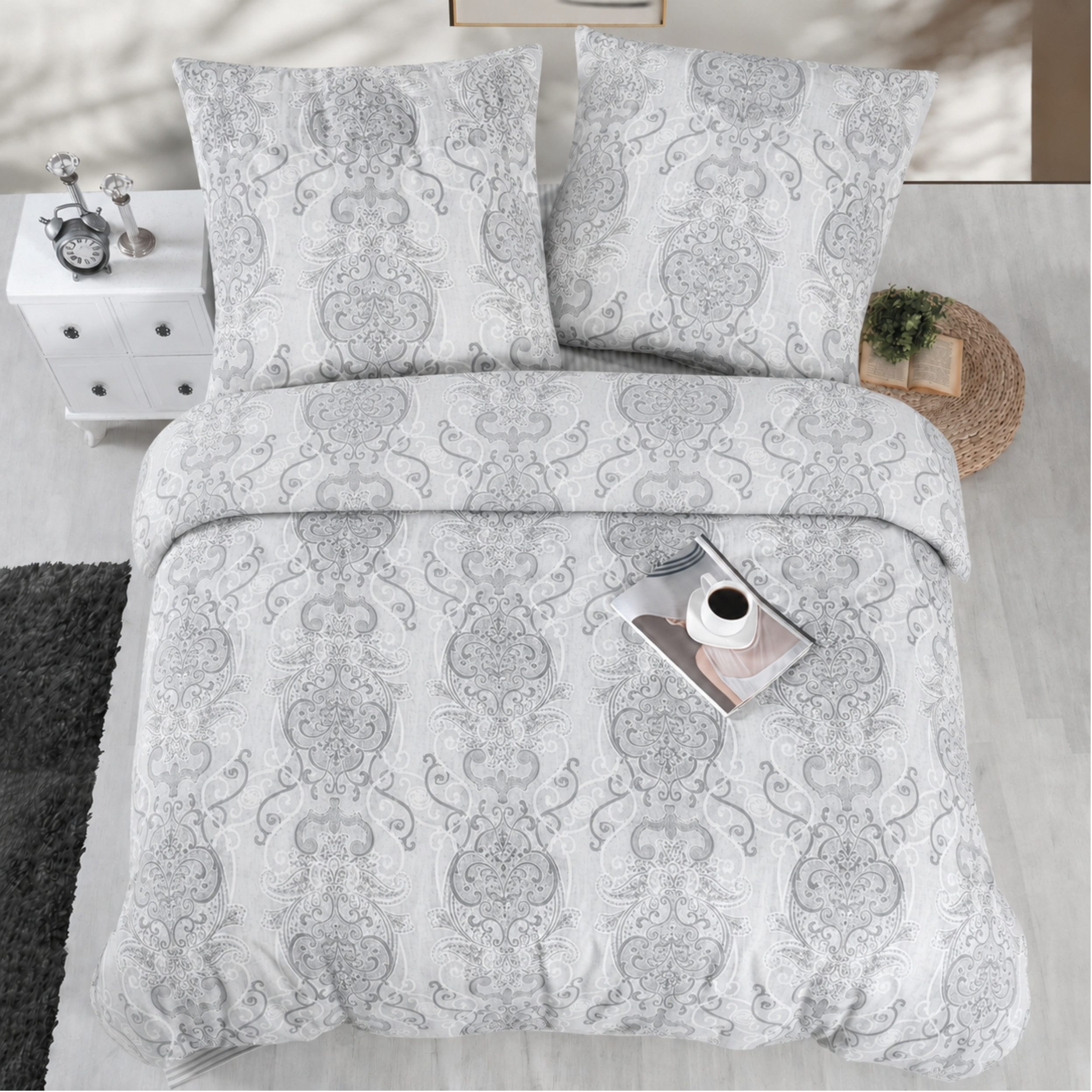 ZIRVEHOME Bettwäsche Baumwolle Bettbezug Grau-Weiß Ornamental Elegantes Barockmuster Daria, Renforce, 2 teilig, Baumwolle Bettbezug Grau-Weiß Ornamental Elegantes Barockmuster