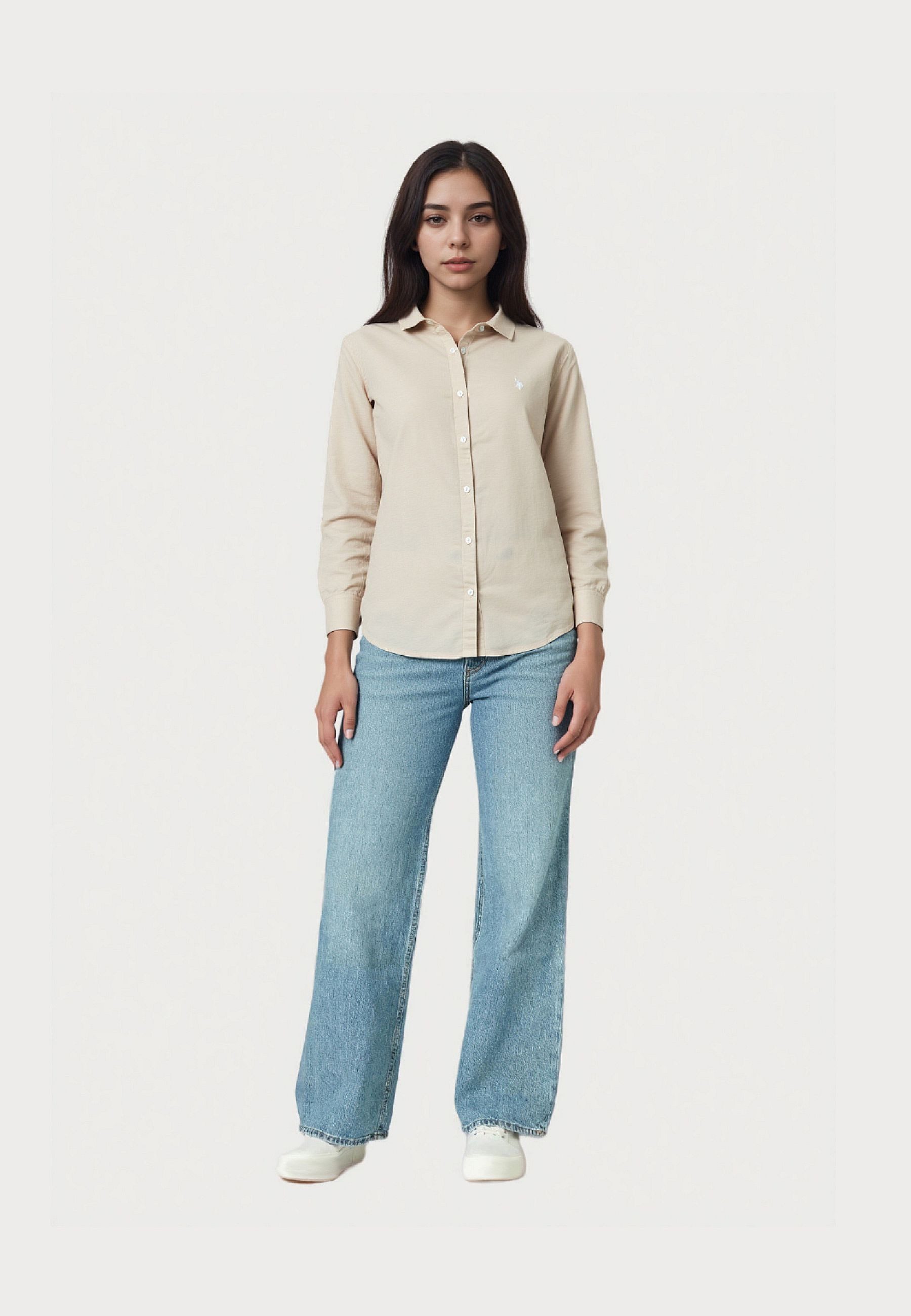 U.S. Polo Assn. Kurzarmbluse Bluse Hemd Button-Down Leinen (1-tlg)