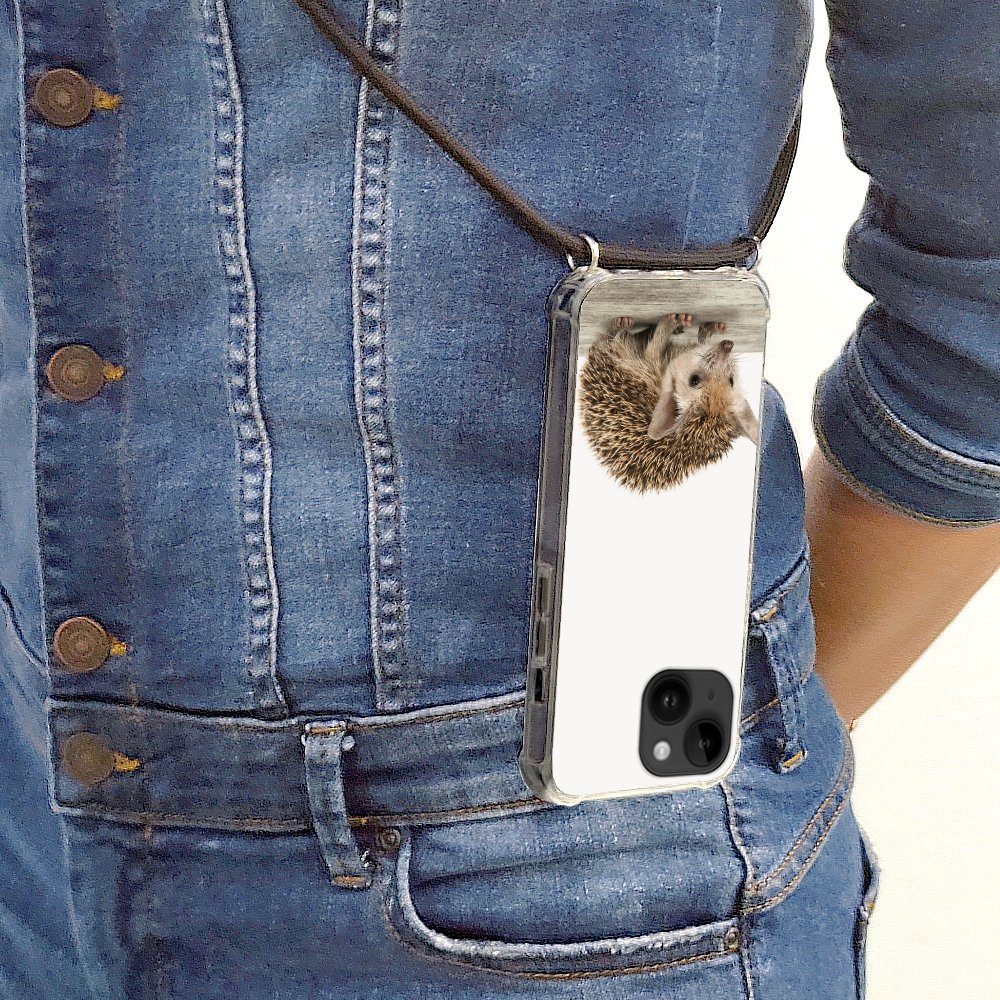 MuchoWow Handyhülle für Apple iPhone 14 Igel - Tiere - Jungen - Mädchen, Tragbare Handyhüllen mit Kette zum umhängen, Handykette Handyband