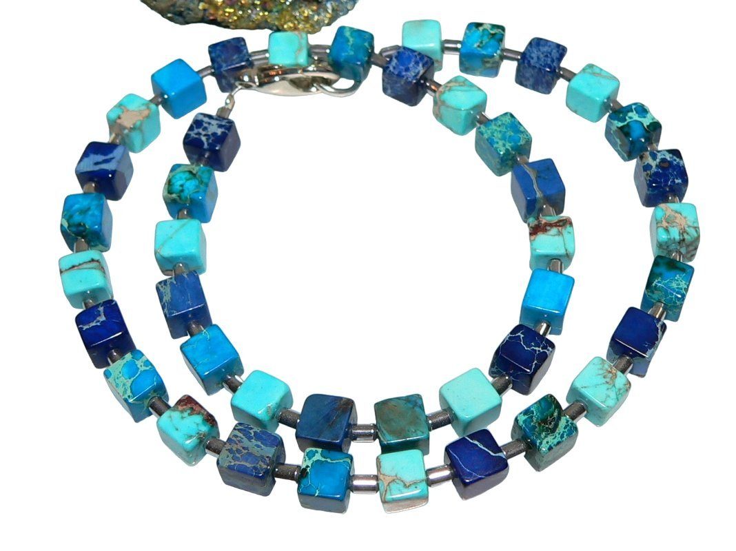 traumschmuck Kette ohne Anhänger 213d Halskette Schmuckstein Edelsteinkette Würfel JASPIS blau türkis (incl. Schmuckbox), handgefertigt, Made in Germany