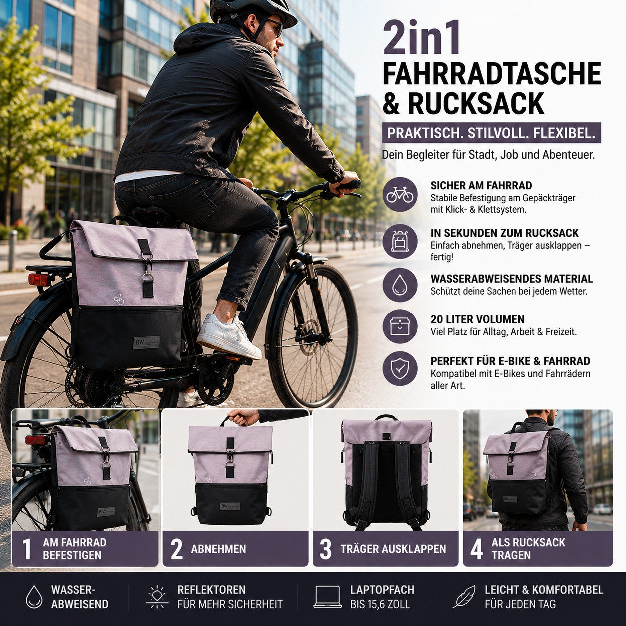 BambiniWelt by Rafael K. Fahrradtasche Fahrradtasche Gepäckträgertasche 2in1 Rucksack 20L, Gepäckträgertasche/Fahrradrucksack