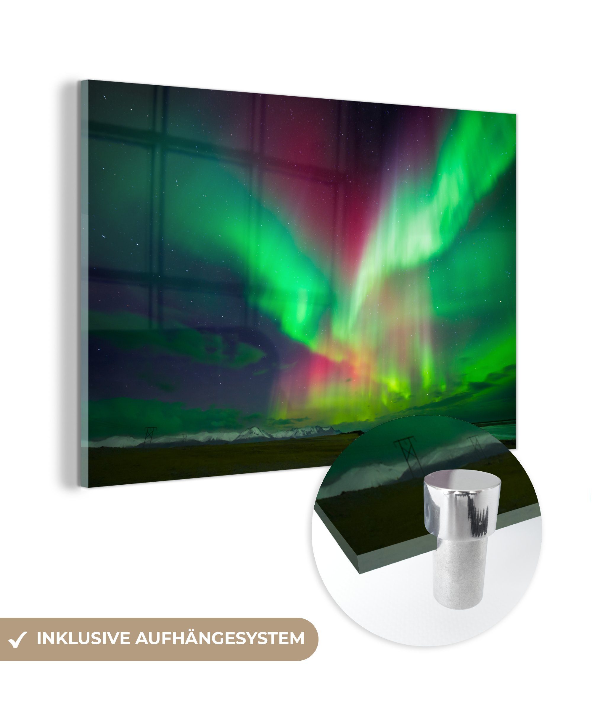 MuchoWow Acrylglasbild Nordlichter - Island & (1 - Rot - bunt Grün, St), Schlafzimmer Acrylglasbilder Wohnzimmer