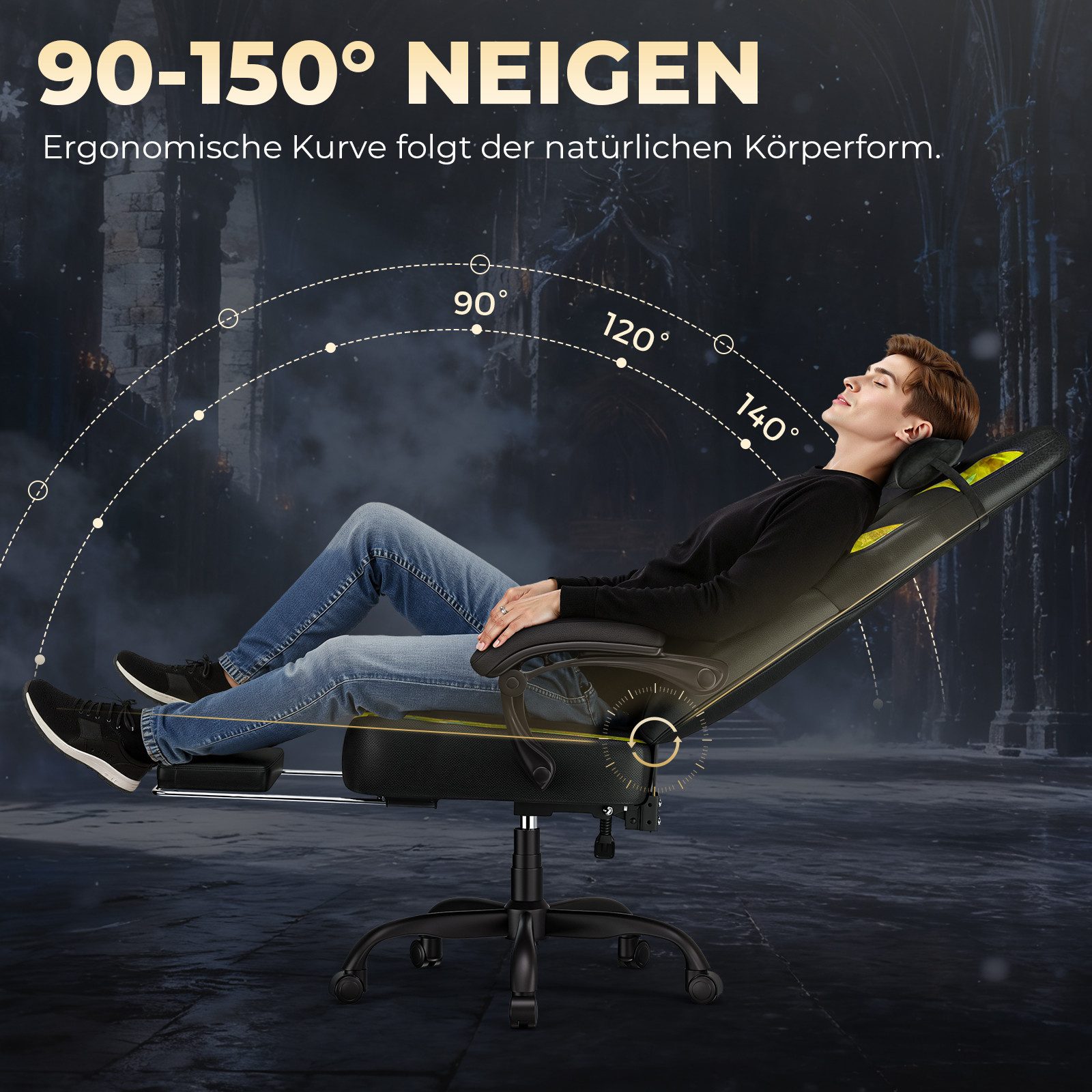 GTPLAYER Gaming-Stuhl Gamer Sessel Gamer Stuhl mit Fußstütze Lendenkissen Kopfstütze, Verstellbaren Armlehnen mit Fußstütze Gamingstuhl 150 Kg Drehbarer