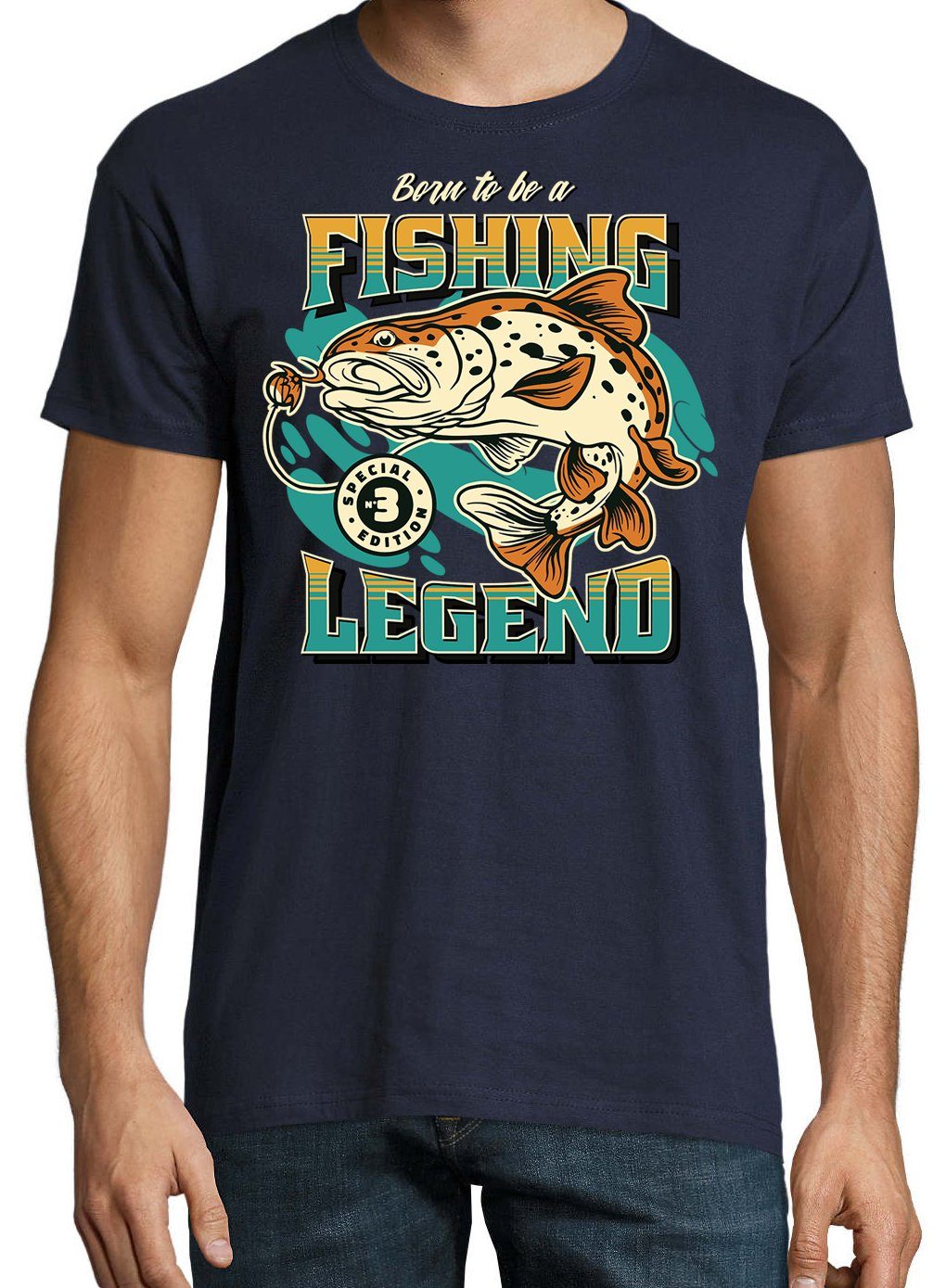 To "Born T-Shirt Legend" trendigem Be Shirt Fishing Frontprint (gerader Abschluss) A Designz Herren Youth Navyblau mit
