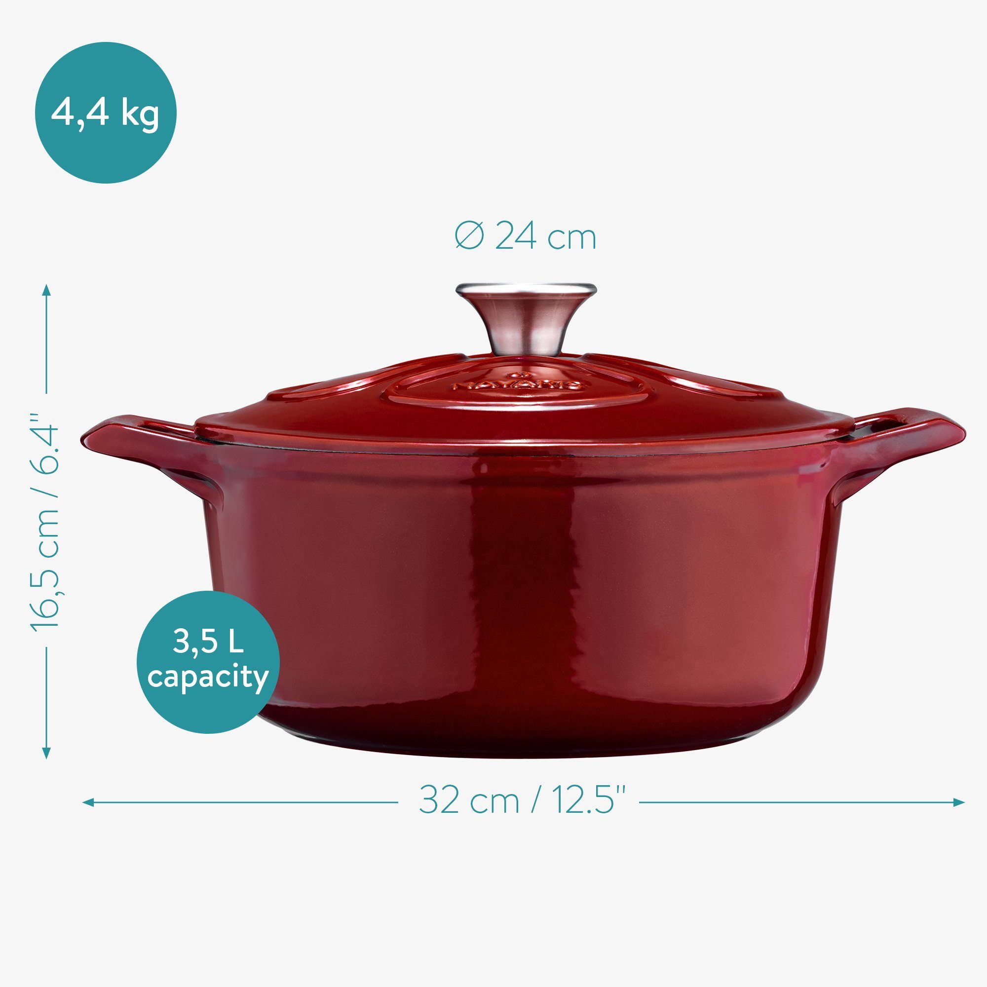 Navaris Bratentopf, Gusseisen, Gusseisen Topf und - burgund - temperaturbeständig alle emailliert 24cm 3,5l Kochtopf Bräter Kochflächen spülmaschinenfest Ø - Speisen