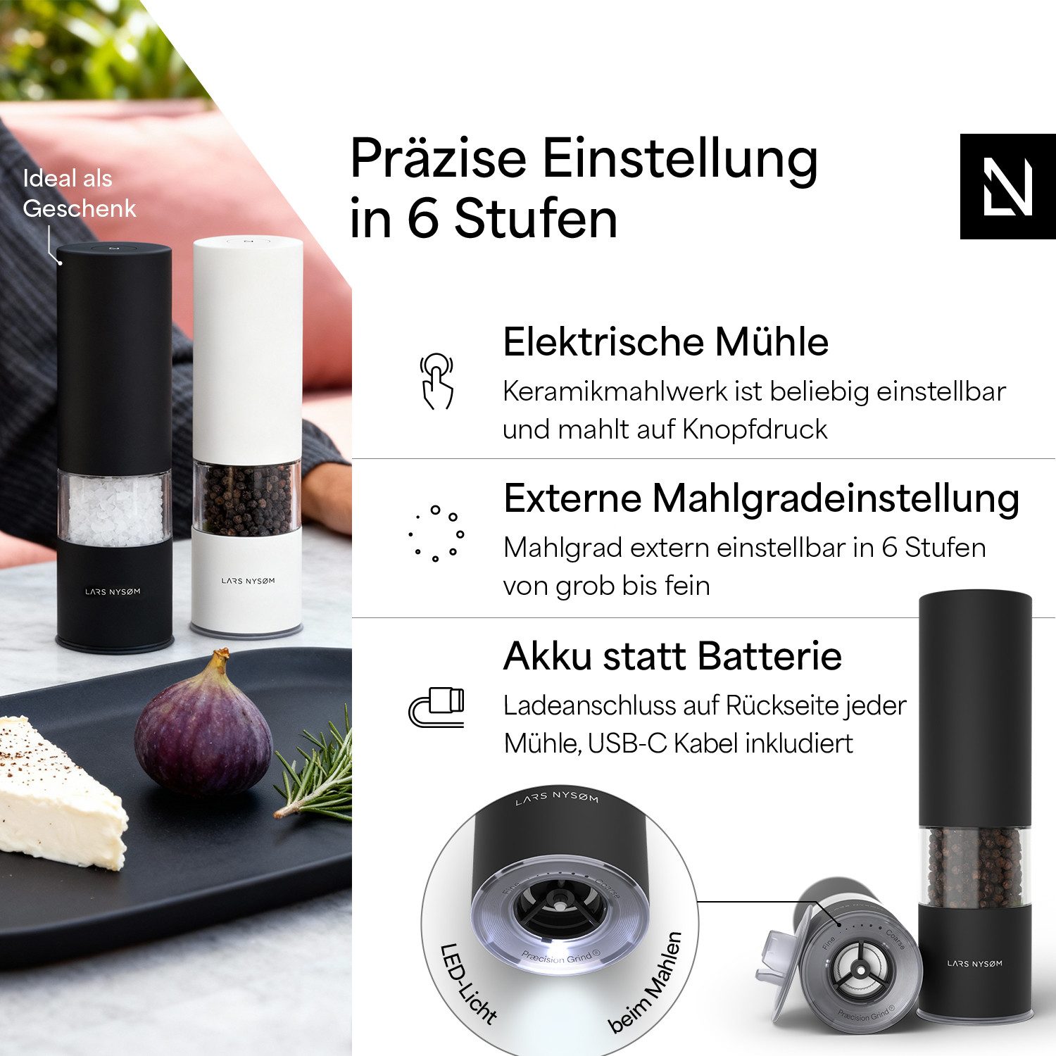 LARS NYSØM Gewürzmühle Stød praktische Einhandbedienung per Drucktaste, (2 Stück), elektrische Salz- & Pfeffermühle mit eingebautem LED-Licht