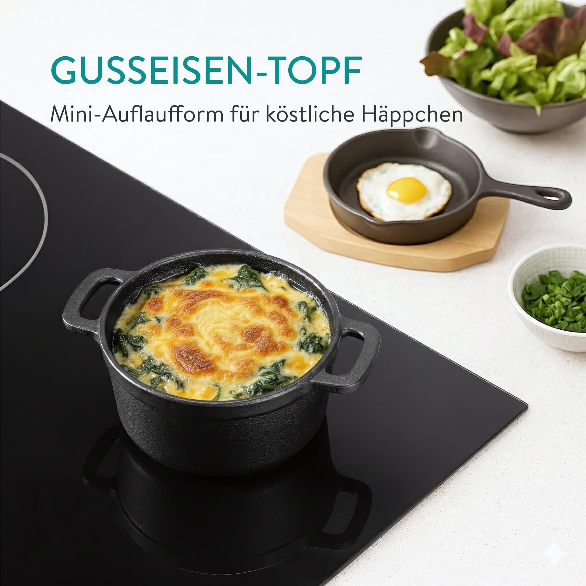 Navaris Schmortopf Navaris 4er Set Gusseisen-Kasserolen mit Deckel und Holzboden, (4-tlg)